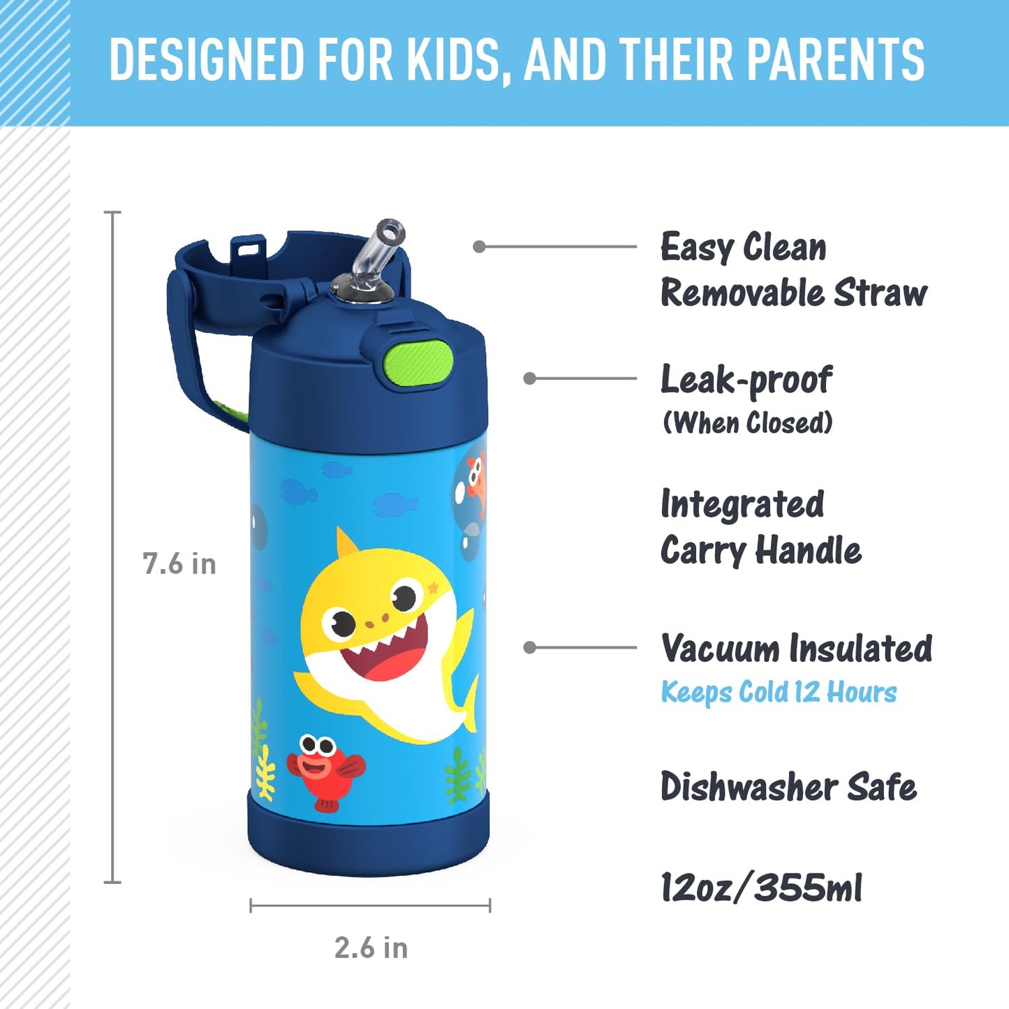 THERMOS FUNTAINER Water Bottle with Straw - 12 Ounce, Pokémon - Kids Stainless Steel Vacuum Insulated Water Bottle with Lid