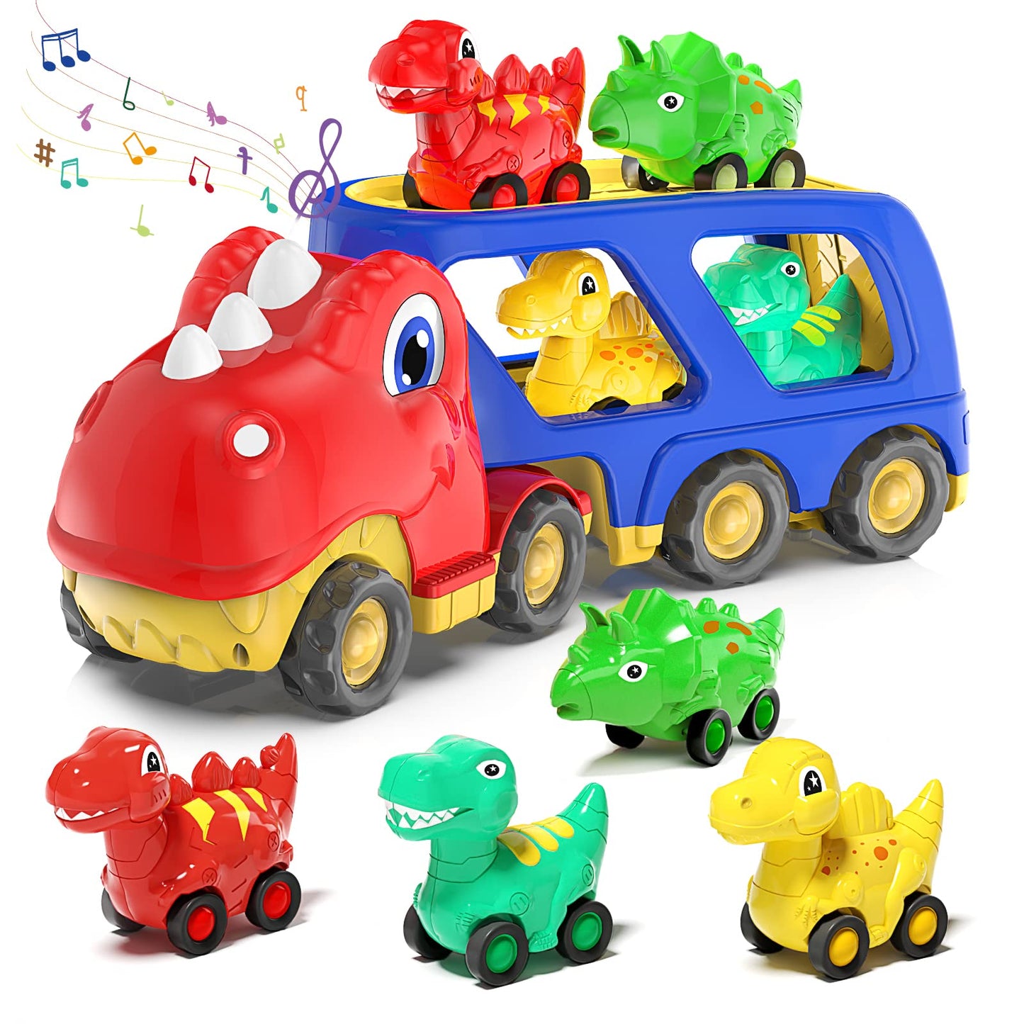 Veslier Dinosaur Car Toy for 2 3 4 5 Years Old Boys, Friction Power Carrier Truck with 4 Pack Small Pull Back Dino Car, Christmas Birthday Gift for 18+ Months Boy Girl Kids Toddlers