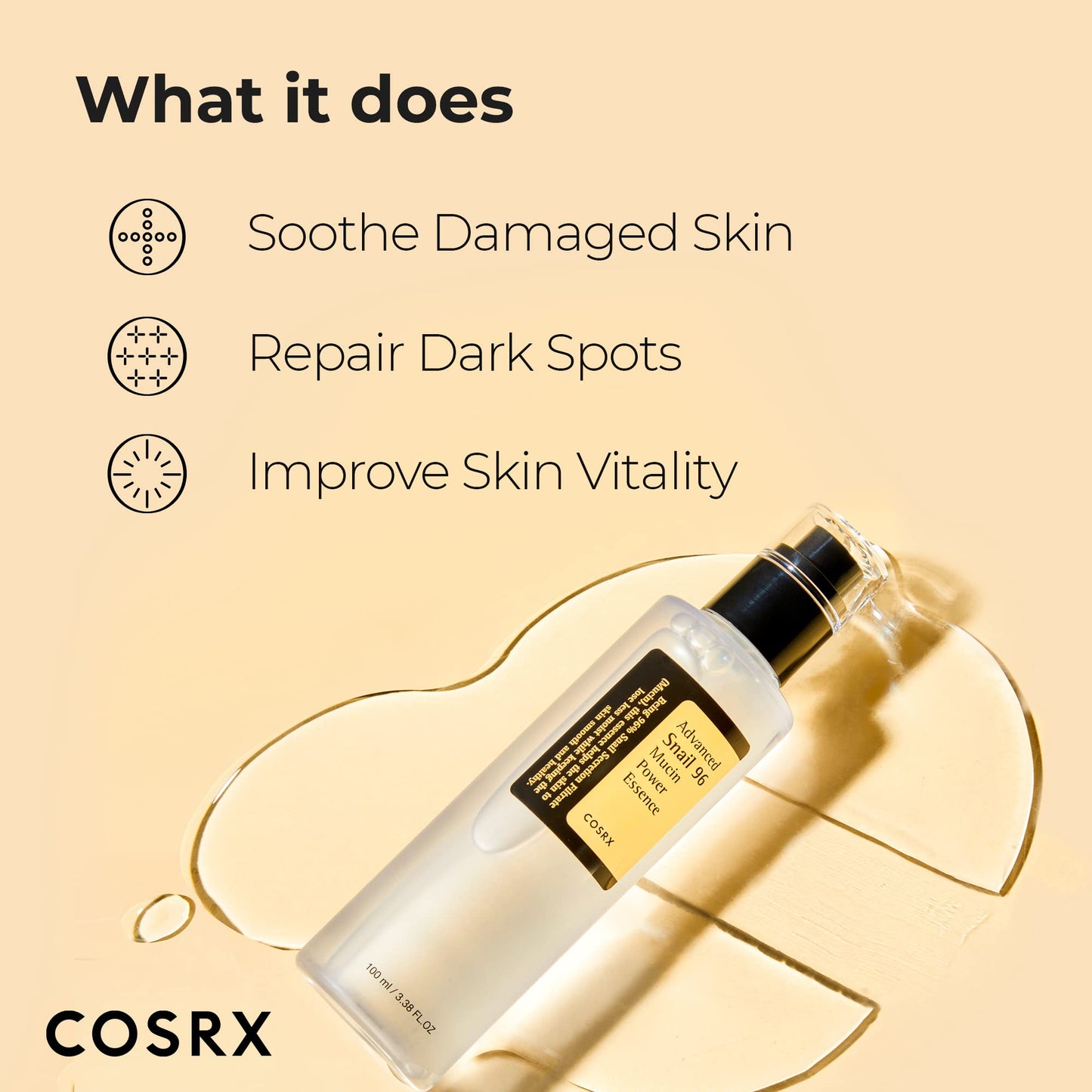 COSRX Snail Mucin 96% Power Repairing Essence 3.38 fl.oz 100ml, Hydrating Serum for Face with Snail Secretion Filtrate for Dull Skin & Fine Lines, Korean Skin Care