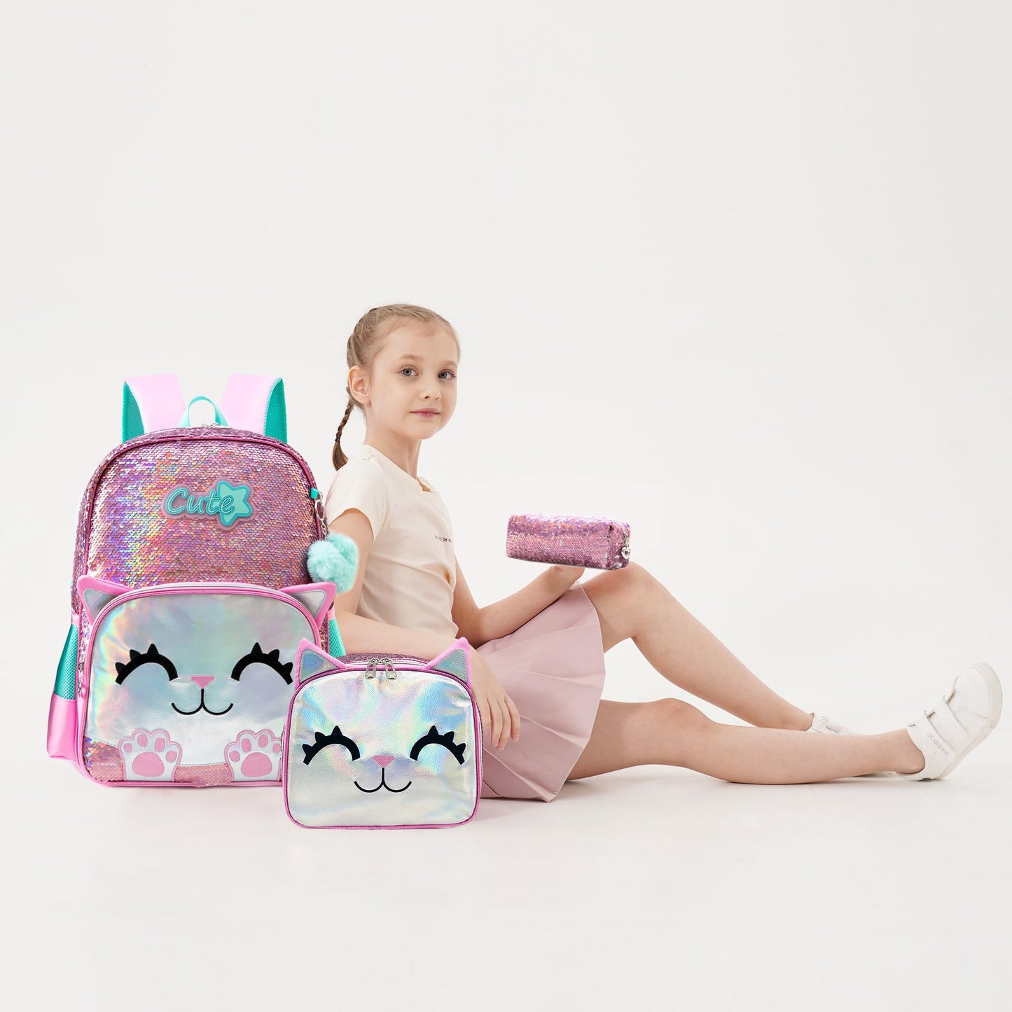 Meetbelify Backpacks for Girls,Kids School Backpacks with Lunch Box for Elementary Preschool Students Cute Panda Sequin Travel Backpack 3 in 1 Bookbag Set for Girls