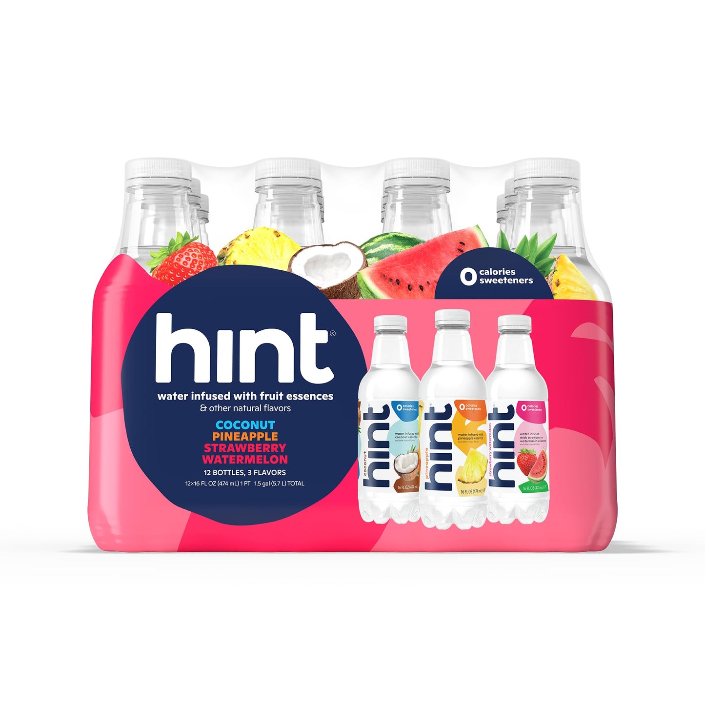 Hint Water Red Variety Pack, 3 Bottles Each of: Peach, Raspberry, Watermelon, and Strawberry Lemon, Zero Calories, Zero Sugar and Zero Sweeteners, 16 Fl Oz (Pack of 12)