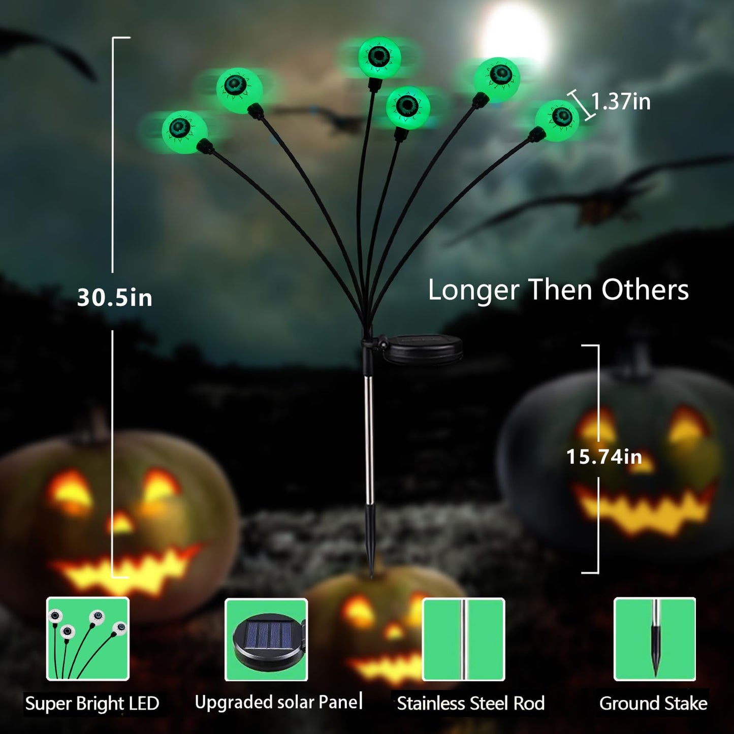 6Pack 36LED Halloween Decorations Outdoor Solar Eyeball Lights, Waterproof Swaying Firefly Lights, Solar Path Lights Halloween Lights for Halloween Party Garden Yard Pathway Grave Ghost Decor (Green)