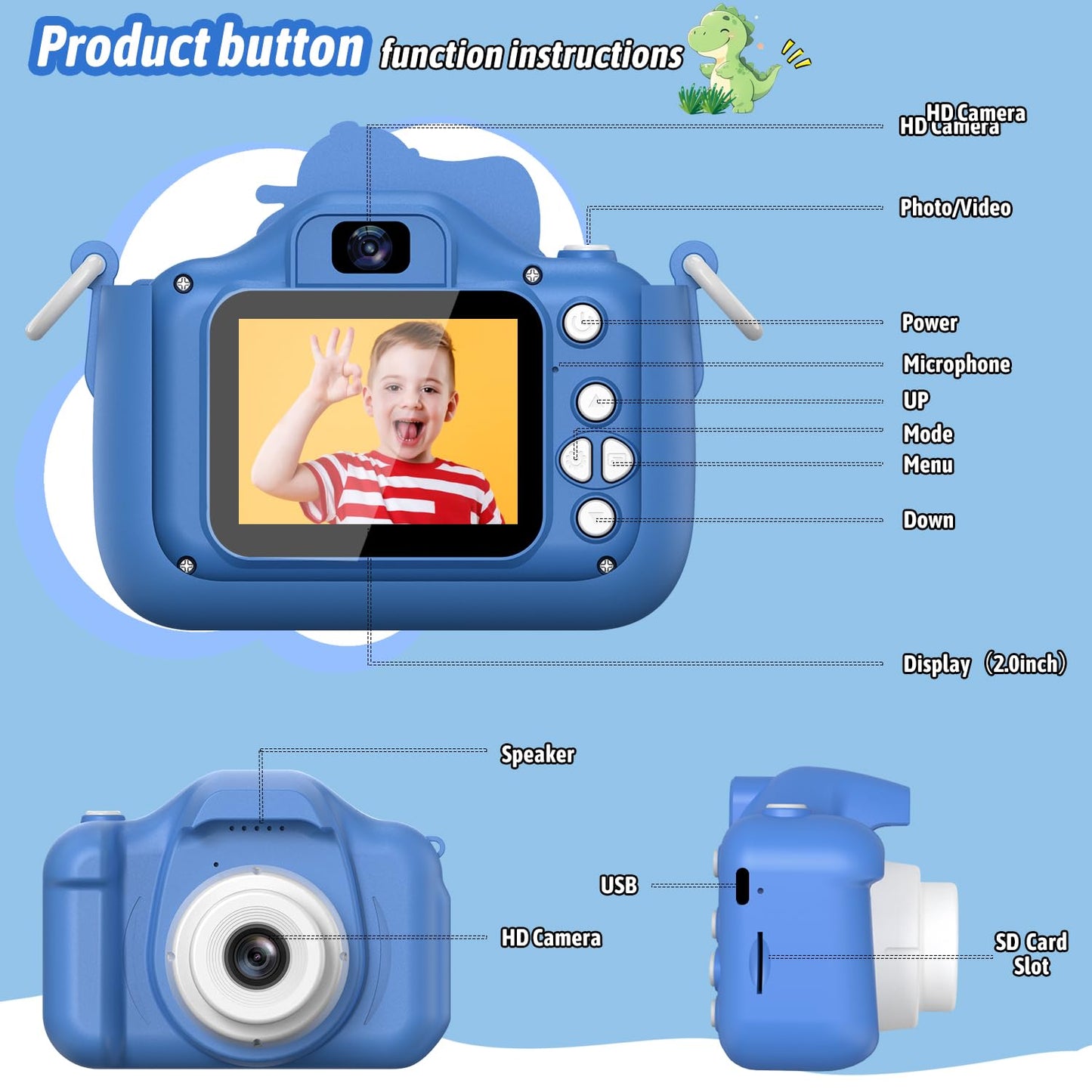 Selfie Kids Camera, Christmas Birthday Gifts for Boys Girls Age 3-12, HD Kids Digital Video Cameras for Toddler with Cartoon Soft Silicone Cover, Portable Toy for 3 4 5 6 7 8 Years Old