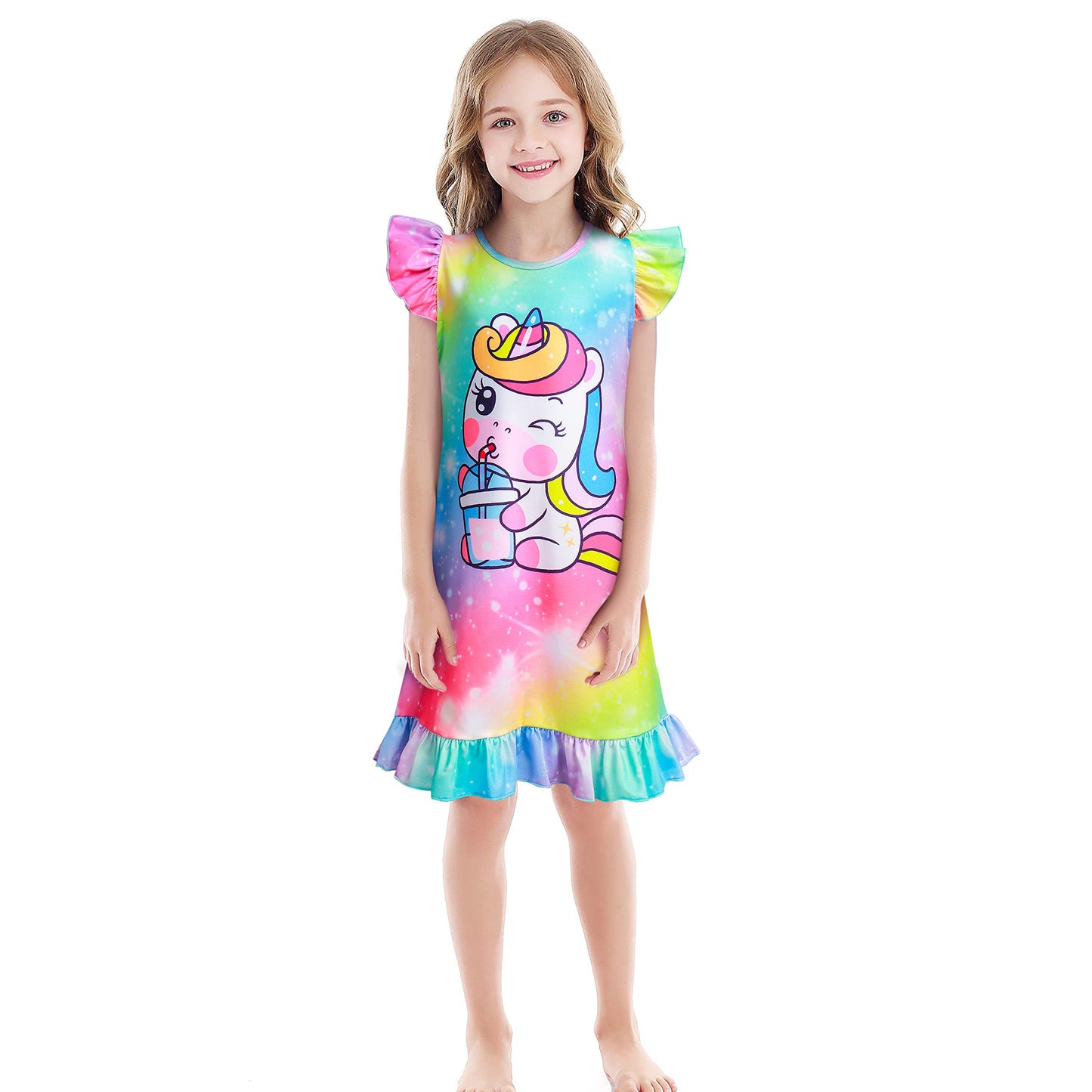 LQSZ 2Pcs Girls Nightgowns 3-10 Years Flutter Short Sleeves Nightdress Nightie Dress Sleepwear Pajamas for Little Girls