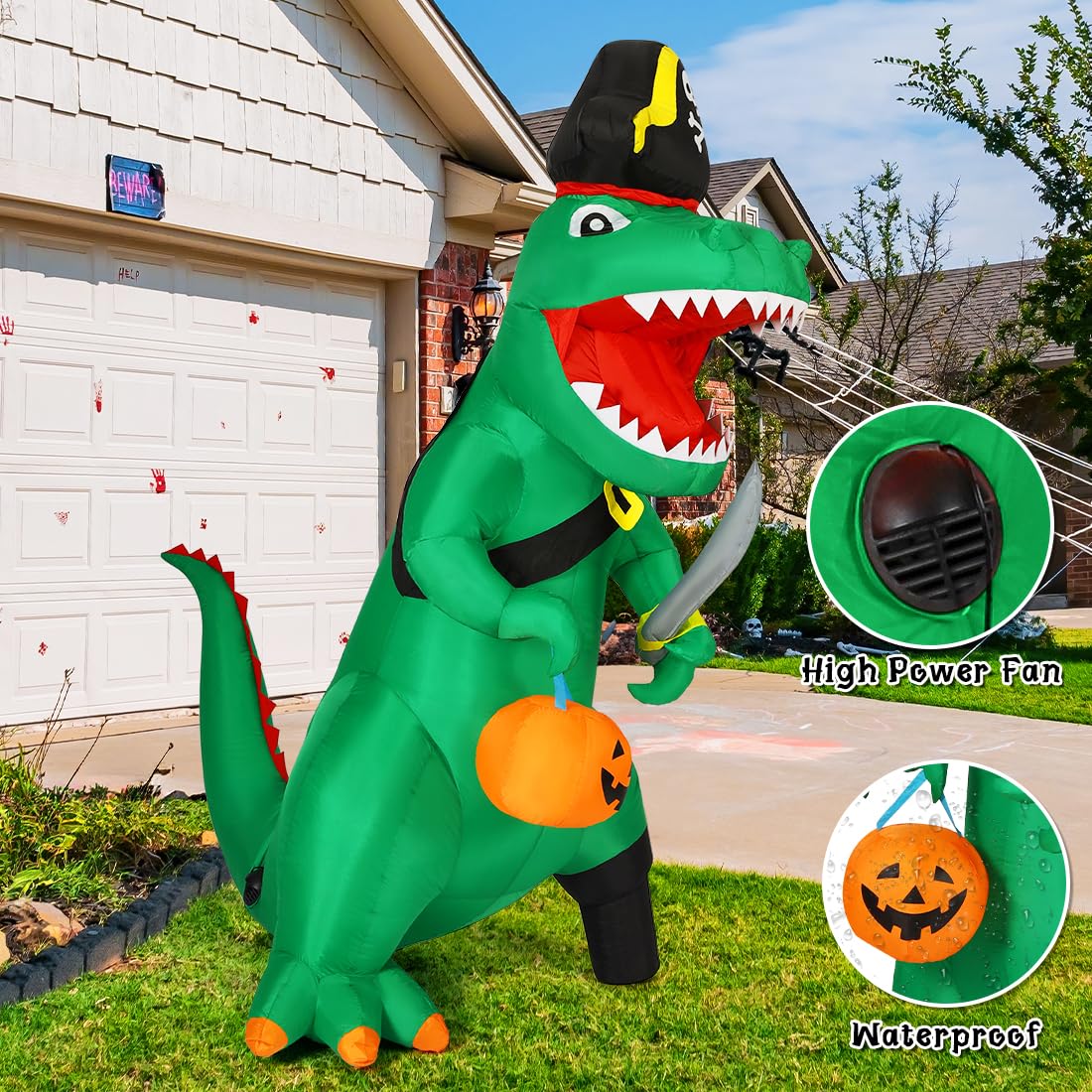 GOOSH 7 FT Halloween Inflatables Dinosaur Outdoor Decorations Blow Up Yard Pirate Dinosaur with Pumpkin Decoration with Built-in LEDs for Indoor Party Garden Lawn Decor