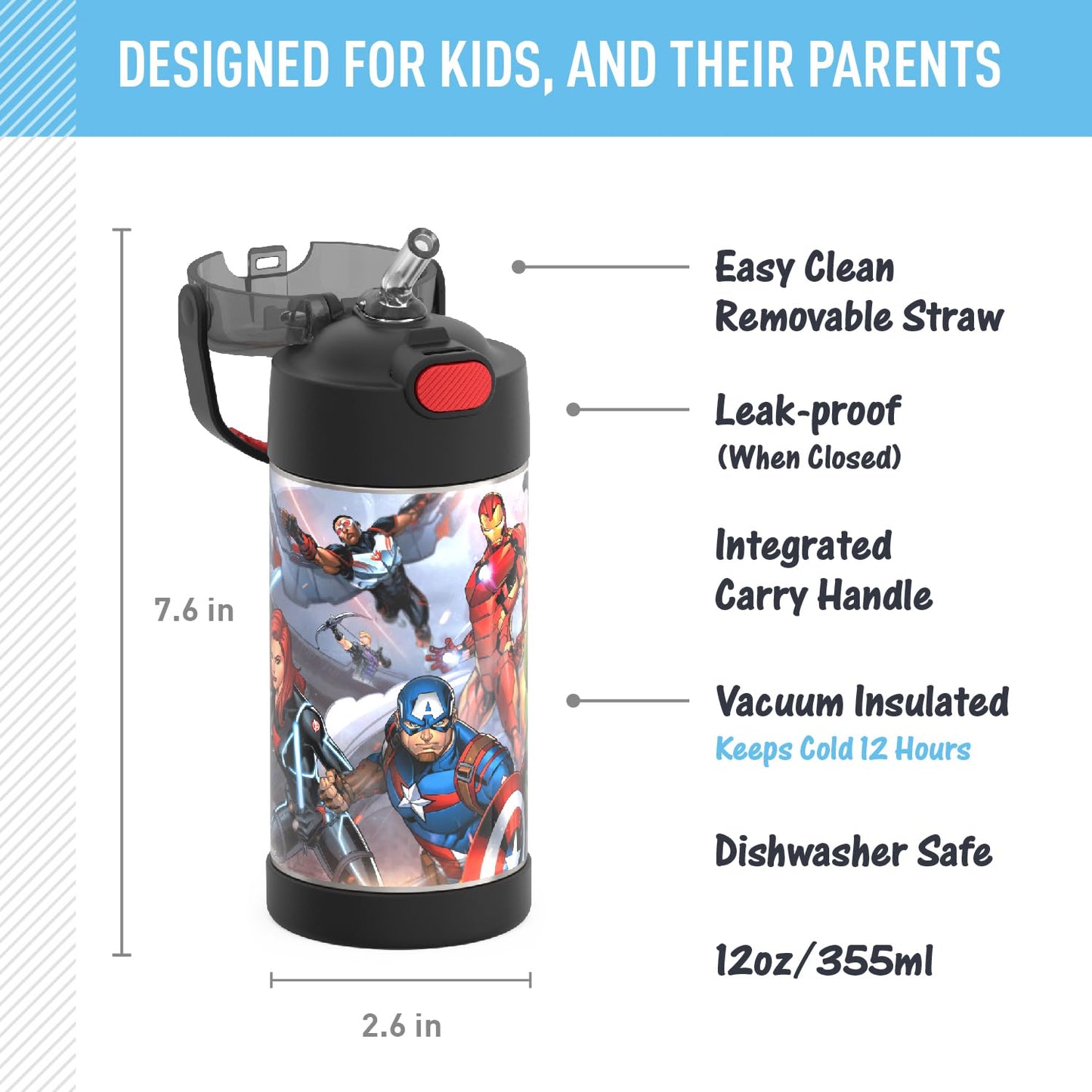 THERMOS FUNTAINER Water Bottle with Straw - 12 Ounce, Pokémon - Kids Stainless Steel Vacuum Insulated Water Bottle with Lid