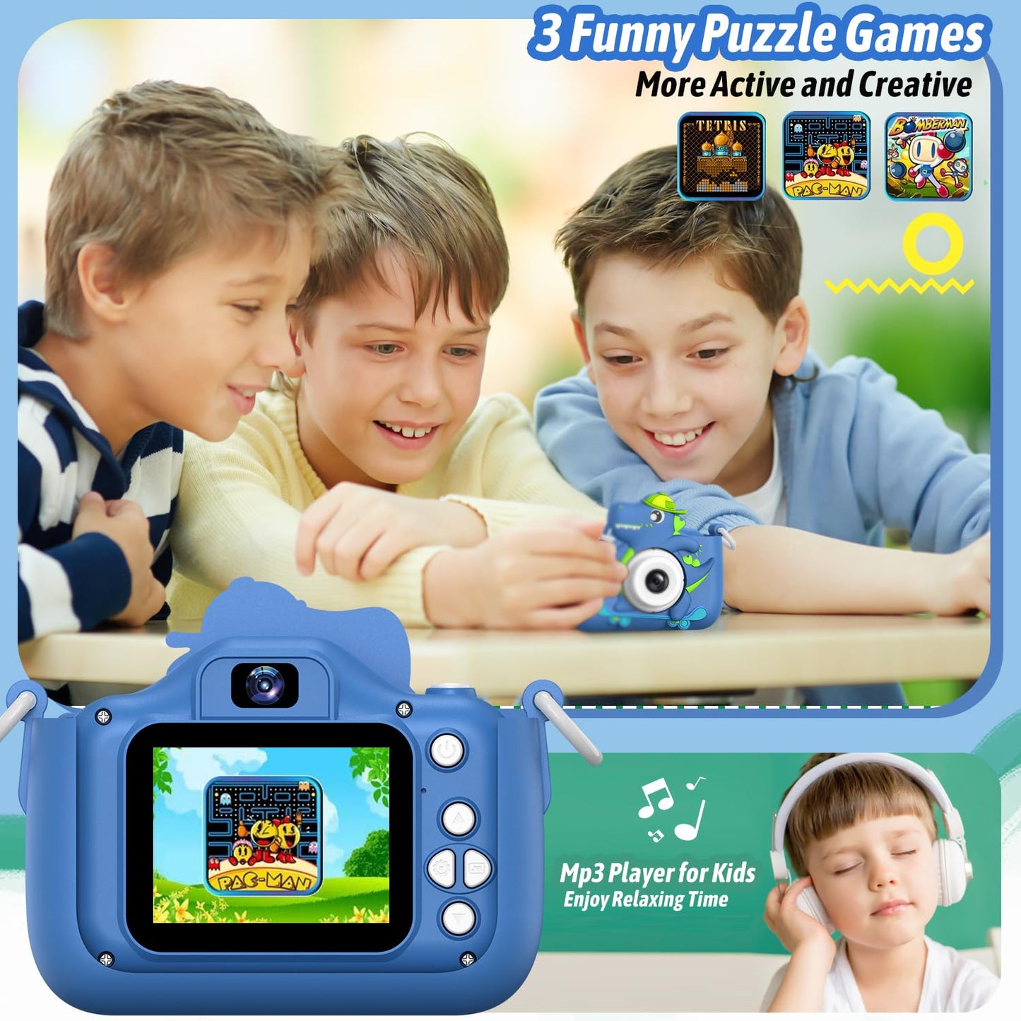 Selfie Kids Camera, Christmas Birthday Gifts for Boys Girls Age 3-12, HD Kids Digital Video Cameras for Toddler with Cartoon Soft Silicone Cover, Portable Toy for 3 4 5 6 7 8 Years Old