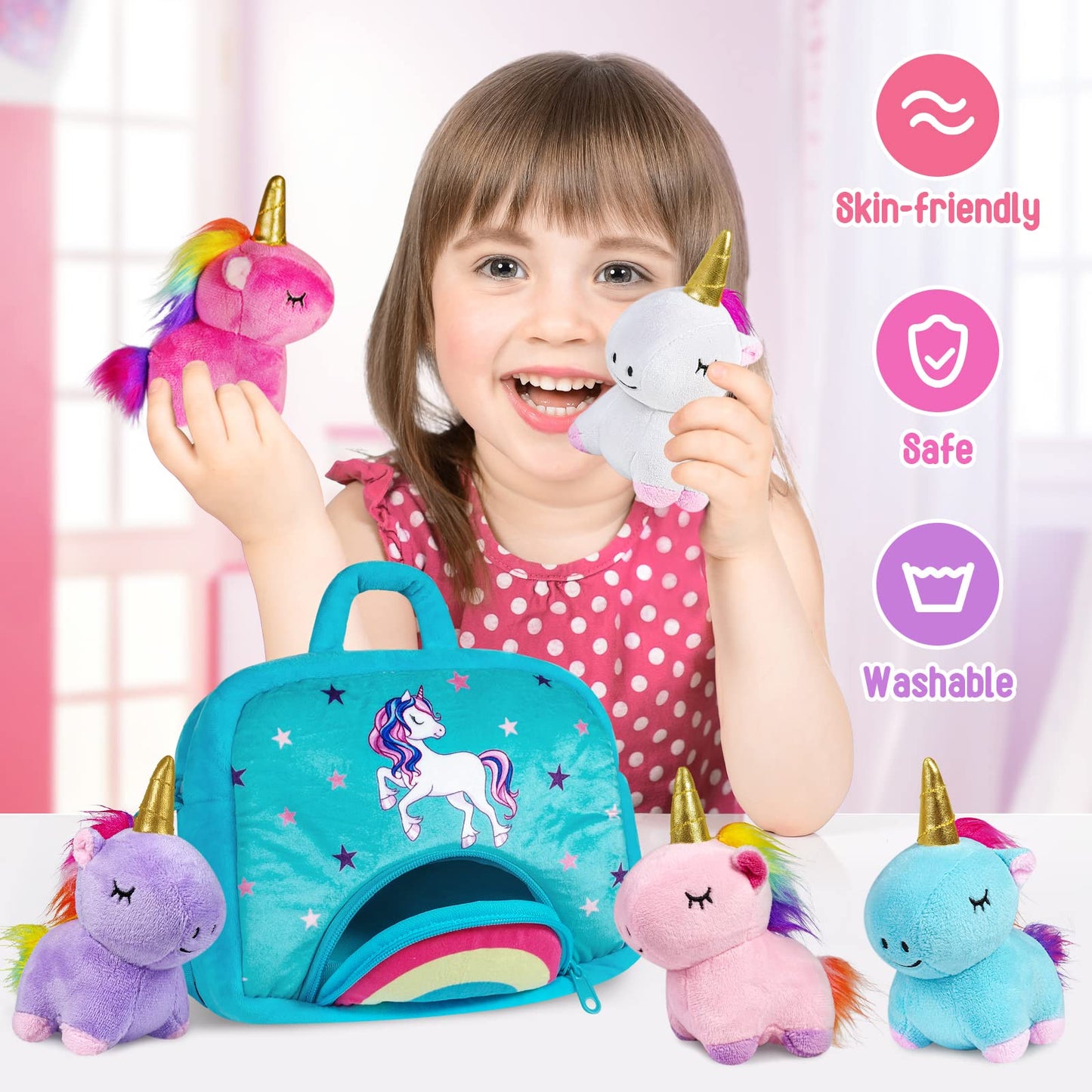 KMUYSL Toys for Girls Ages 3 4 5 6 7 8+ Years - Unicorn Mommy Stuffed Animal with 4 Baby Unicorns in Her Tummy, Soft Unicorn Plush Toys Set, Christmas Birthday Gifts for Baby, Toddler, Kids