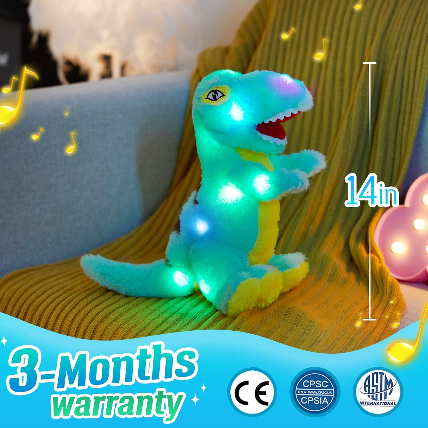 Glow Guards 16'' Light up Triceratops Dinosaur Stuffed Animal,LED Soft Dinosaur Plush Toy with Magic Night Lights&Lullaby,Birthday Children's Day for Toddler Kids