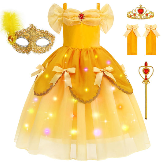 Light Up Princess Dress for Girls Yellow Princess Lighted Dress Up for Halloween Carnival Cosplay Birthday Party