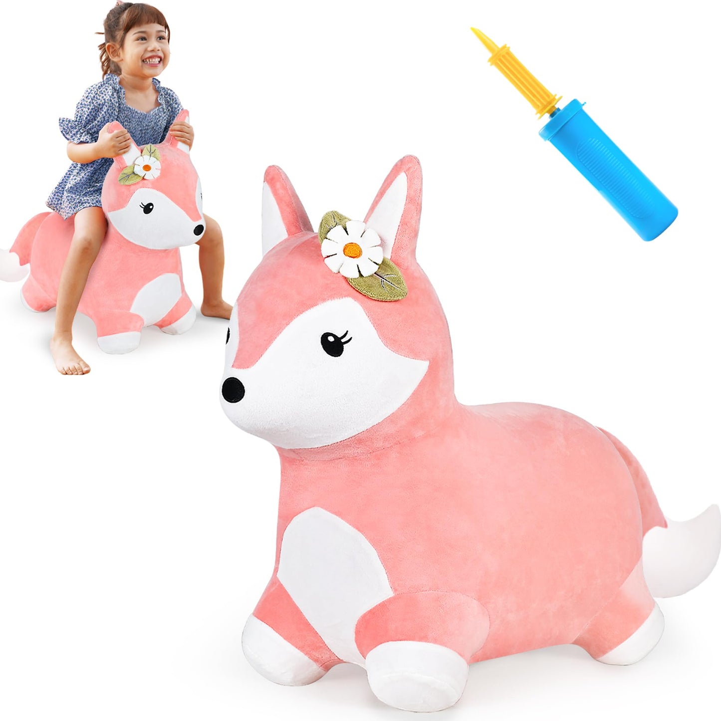 iPlay, iLearn Bouncy Pals Hopping Unicorn Horse, Toddler Girl Inflatable Bouncing Animal Hopper Toy, Outdoor Indoor Plush Ride on Bouncer, Baby Birthday Gift 18 Month 2 3 4 Year Old Kid - Unicorn