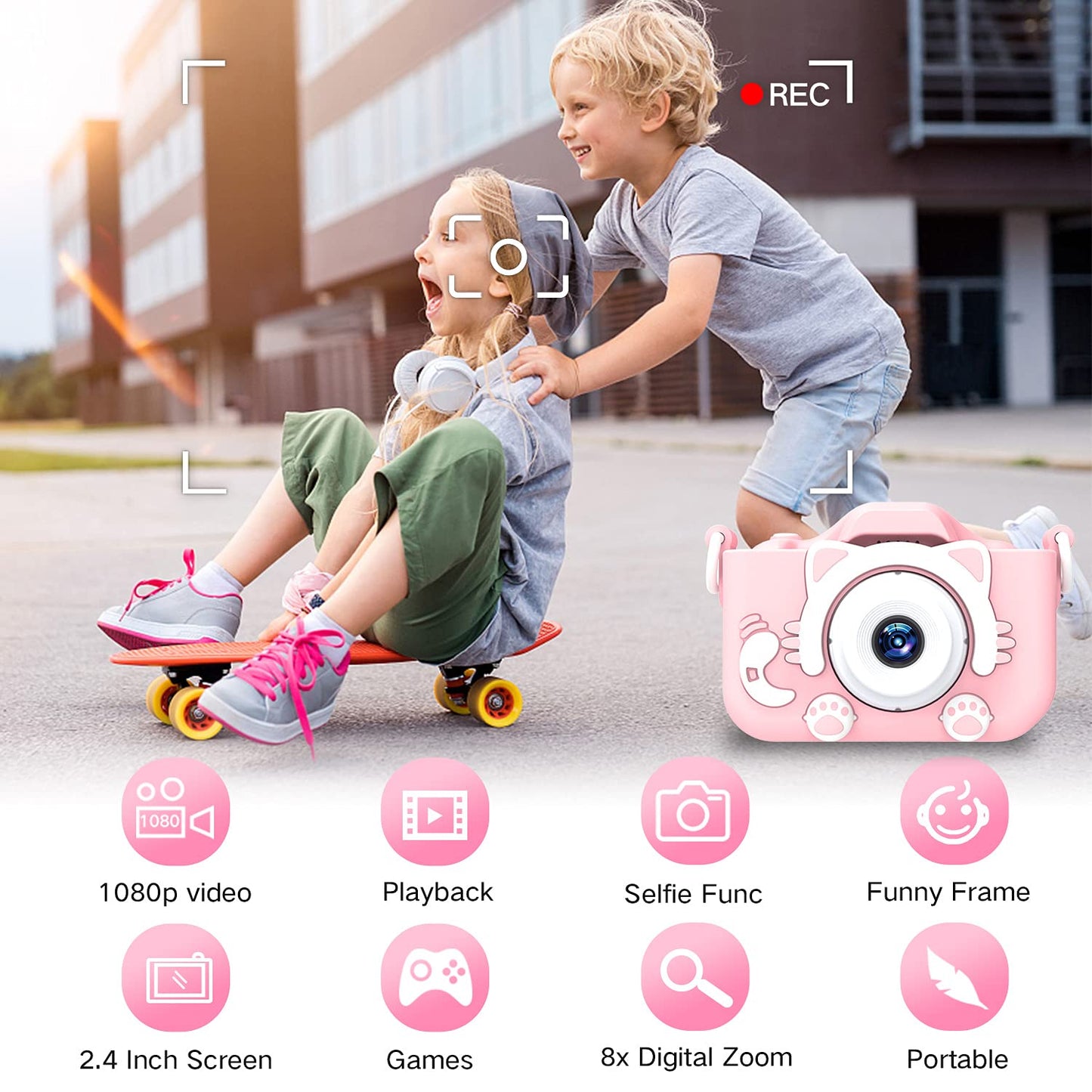 Goopow Kids Camera Toys for 3-8 Year Old Girls Boys,Children Digital Video Camcorder Camera with Cartoon Soft Silicone Cover, Best Chritmas Birthday Festival Gift for Kids - 32G SD Card Included