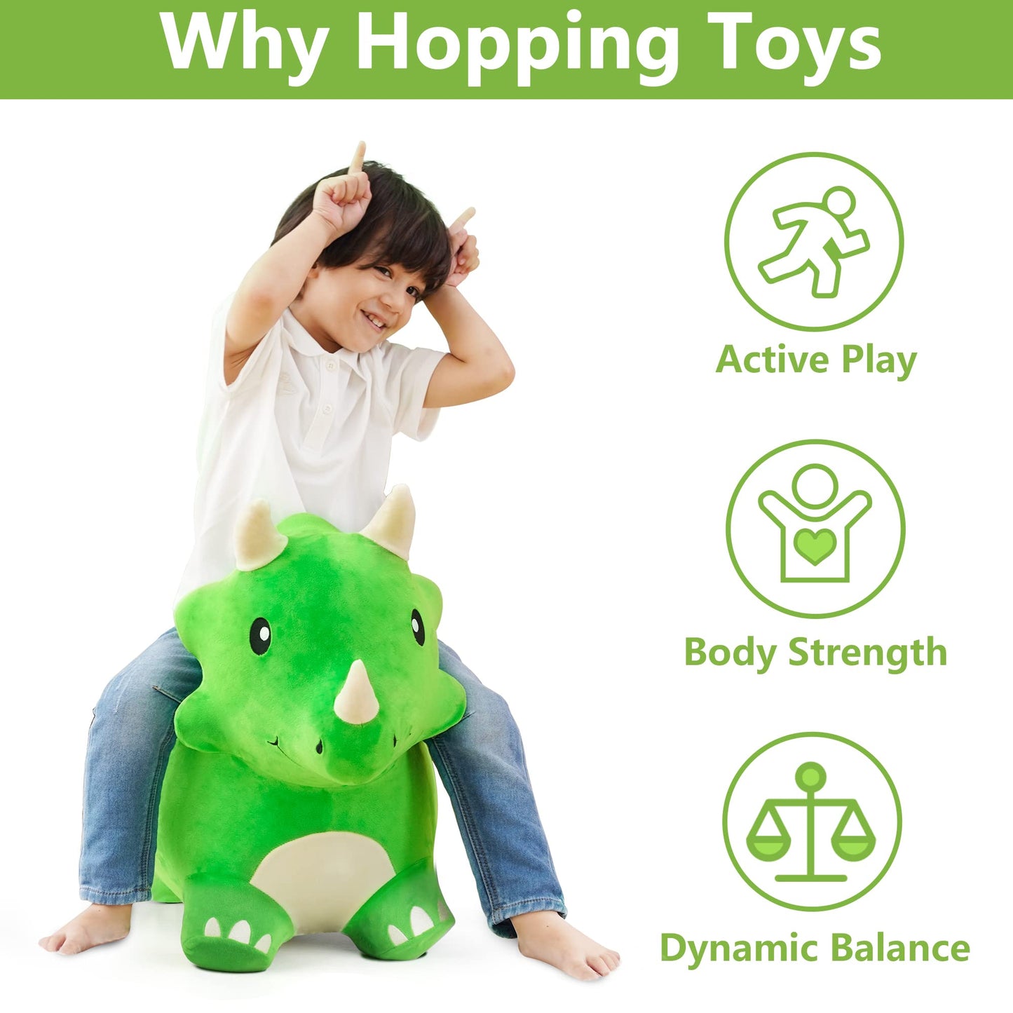 iPlay, iLearn Bouncy Pals Dinosaur Hopper Toy 2 Year Old Boy, Toddler Plush Bounce Animals, Ride on Bouncing Triceratops for Kids, Outdoor Hopping Horse Bouncer, Cool Birthday Gifts 3 4 5 6 Yr Girls