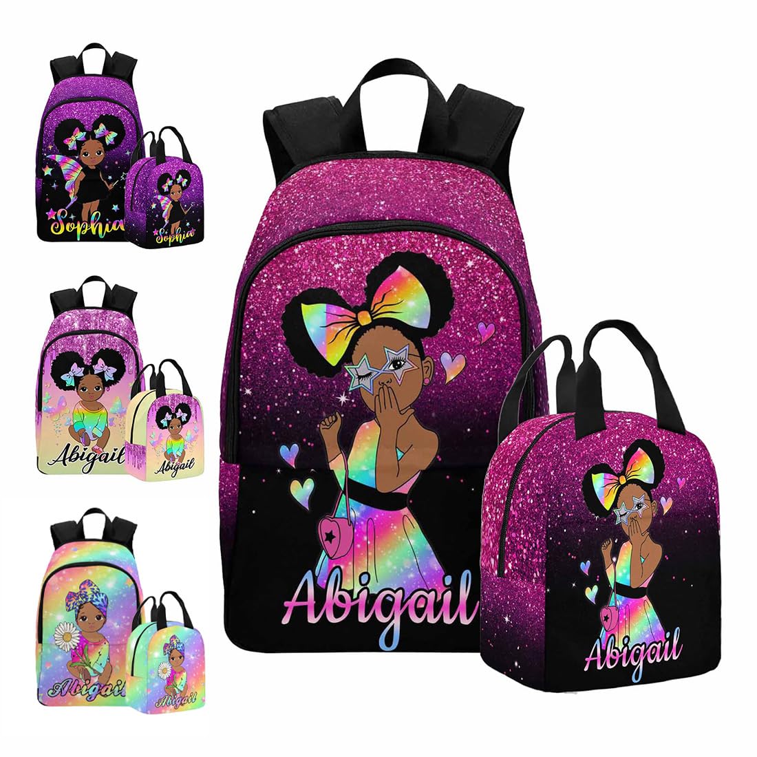 Personalized Backpack Set from Mom Dad, Custom Dark Pink Stars Bookbag and Lunch Box Customized Name Schoolbag Fashion Shoulder Bag Travel Bag for Family