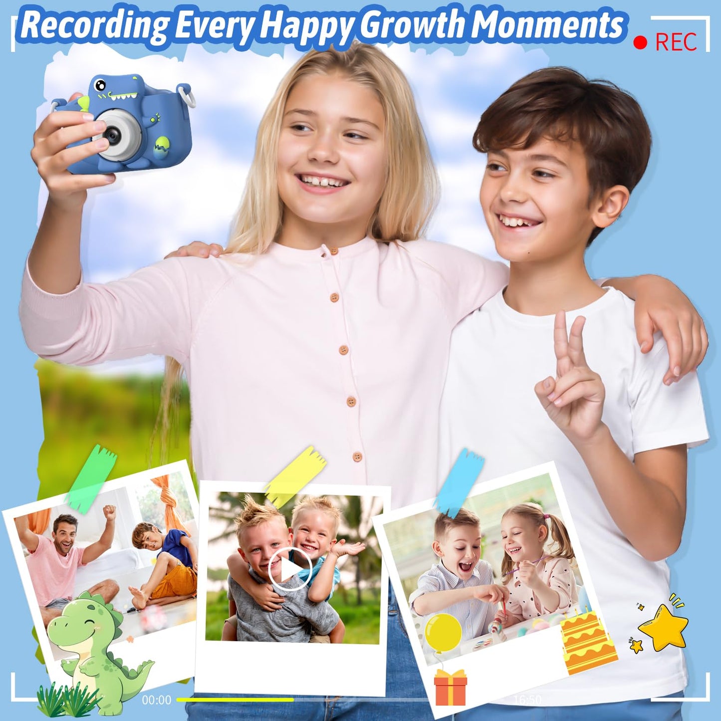 Selfie Kids Camera, Christmas Birthday Gifts for Boys Girls Age 3-12, HD Kids Digital Video Cameras for Toddler with Cartoon Soft Silicone Cover, Portable Toy for 3 4 5 6 7 8 Years Old