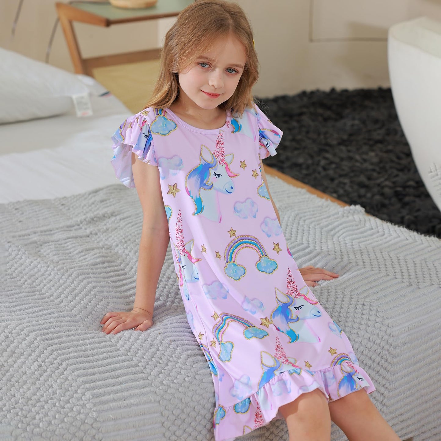 LQSZ 2Pcs Girls Nightgowns 3-10 Years Flutter Short Sleeves Nightdress Nightie Dress Sleepwear Pajamas for Little Girls