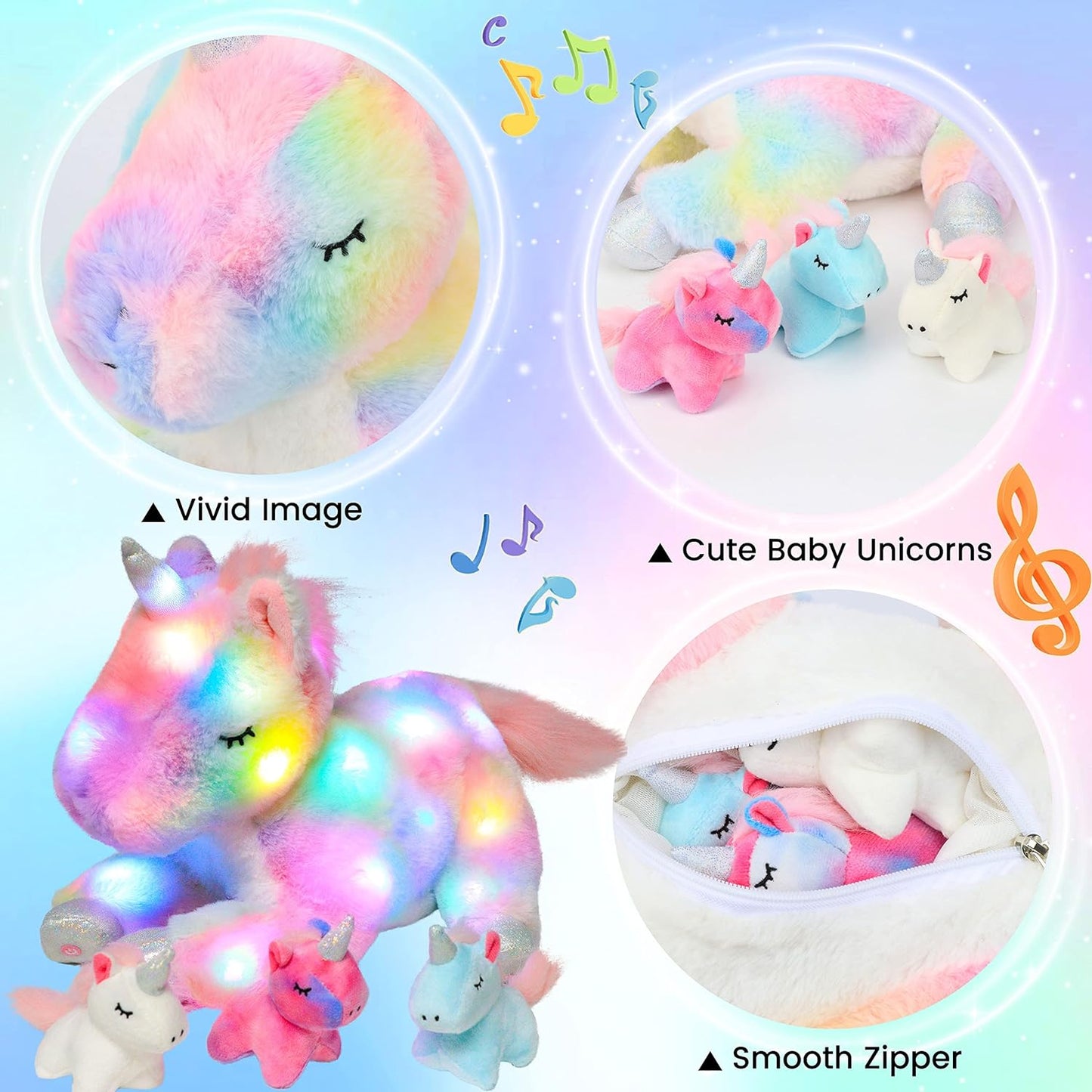 Hopearl LED Musical Stuffed Unicorn Playset Lighting Up Singing Plush Toy Mommy Unicorn with 3 Baby Unicorns in her Tummy Lullaby Animated Soothe for Mom Toddlers Girls, Rainbow, 19''