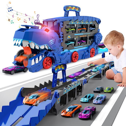 Dinosaur Toys for Kids, Dinosaur Truck with Light and Sounds, 73 Inch Dual Race Track, 6 Metal Racing Cars, Car Carrier Truck Toys, Birthday Gifts Toys for Toddlers Boys 3 4 5 7 8 Year Old