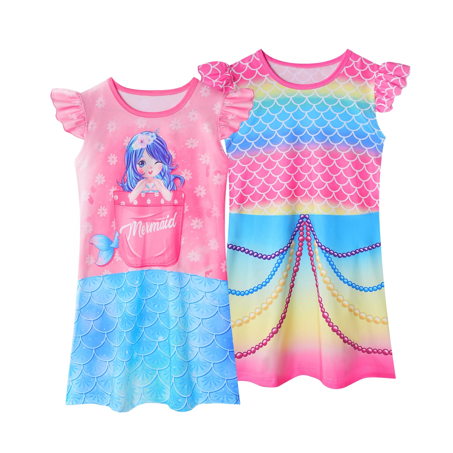 LQSZ 2Pcs Girls Nightgowns 3-10 Years Flutter Short Sleeves Nightdress Nightie Dress Sleepwear Pajamas for Little Girls