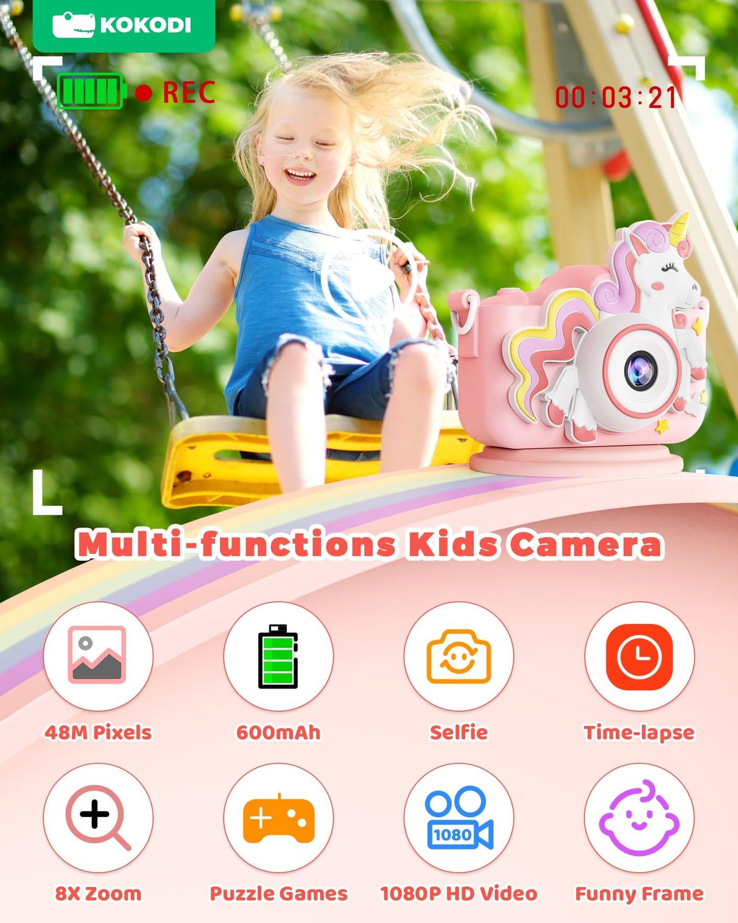 KOKODI Kids Camera Toy Digital Camera for Kids, Birthday Gifts for Girls Age 3-12, 1080P HD Video Camera for Toddler, Unicorn Children Toys for 3 4 5 6 7 8 9 Year Old Girls with 32GB SD Card