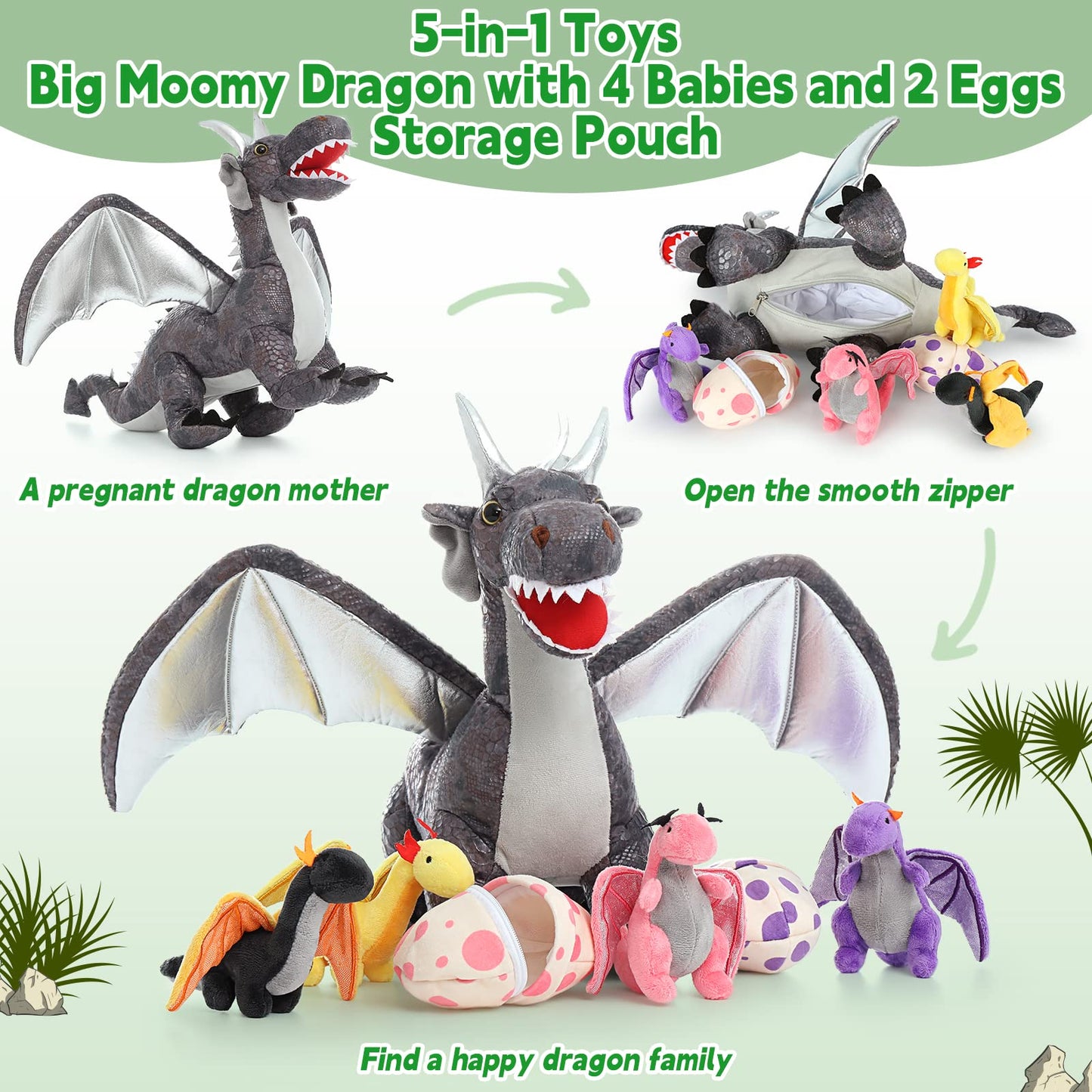 MaoGoLan 4 Pcs Dinosaur Stuffed Animals for Girls,Purple Stuffed Dinosaurs Plush Toys Set for Toddlers, Mummy Dinosaur with 3 Baby Triceratops Plushies, for Kids