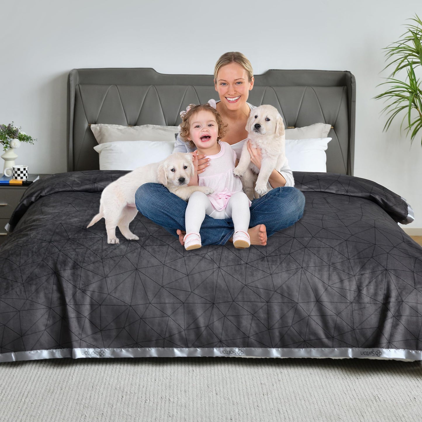 Softan Waterproof 100% Leak Proof Blanket for Baby Adults Pets Dogs Cats, Pee Proof, 3 Layer Protector for Bed, Sofa Couch and Other Furniture, 70"x90", Charcoal | Light Grey, Reversible Lightweight