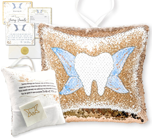 Tooth Fairy Pillow Kit for Girls and Boys - Tooth Fairy Evidence Kit with Tooth Fairy Bag - Multi Color Reversible Sequin and Large Pocket - Tooth Pillow with Letter & 2 Customizable Certificates