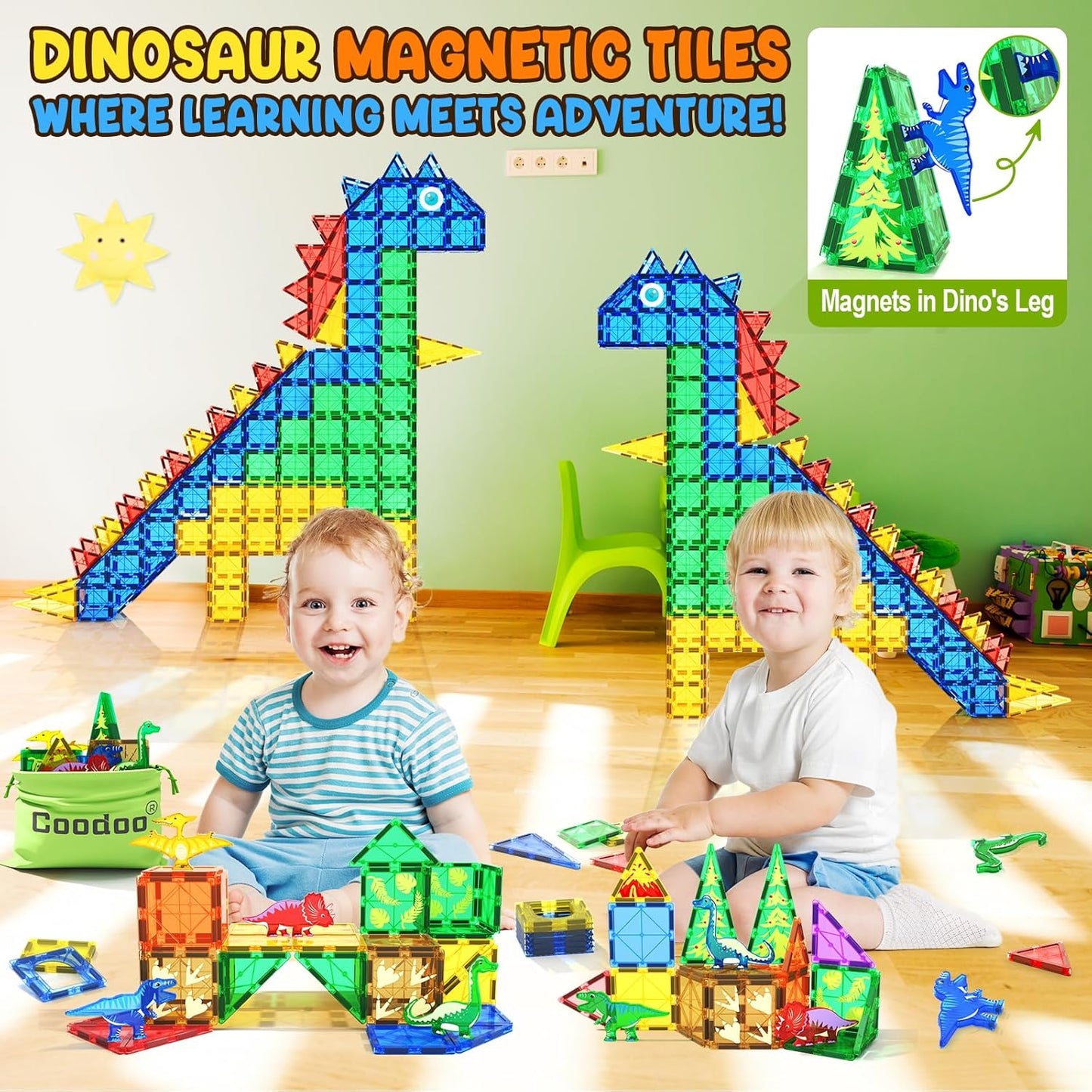 Dinosaur Toys Magnetic Tiles - Magnet Building Blocks for Toddler Kids Toys STEM Sensory Outdoor Toys for 3+ Year Old Boys and Girls, Dinosaur World Creative Games Kids Toys