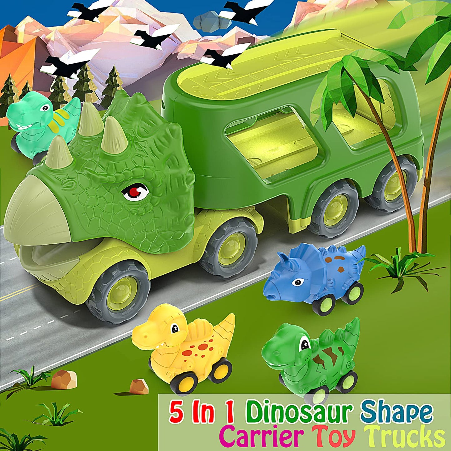 Veslier Dinosaur Car Toy for 2 3 4 5 Years Old Boys, Friction Power Carrier Truck with 4 Pack Small Pull Back Dino Car, Christmas Birthday Gift for 18+ Months Boy Girl Kids Toddlers