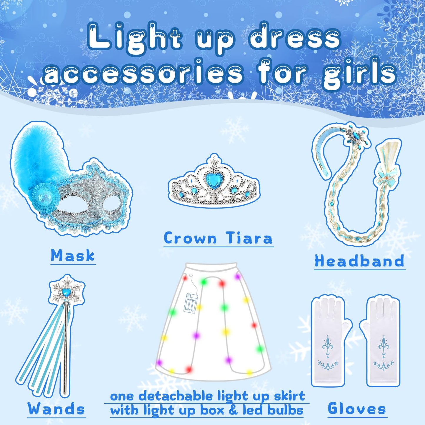 Light Up Princess Costume for Girls Lighted Snow Princess Dress Up for Halloween Cosplay Birthday Party, White