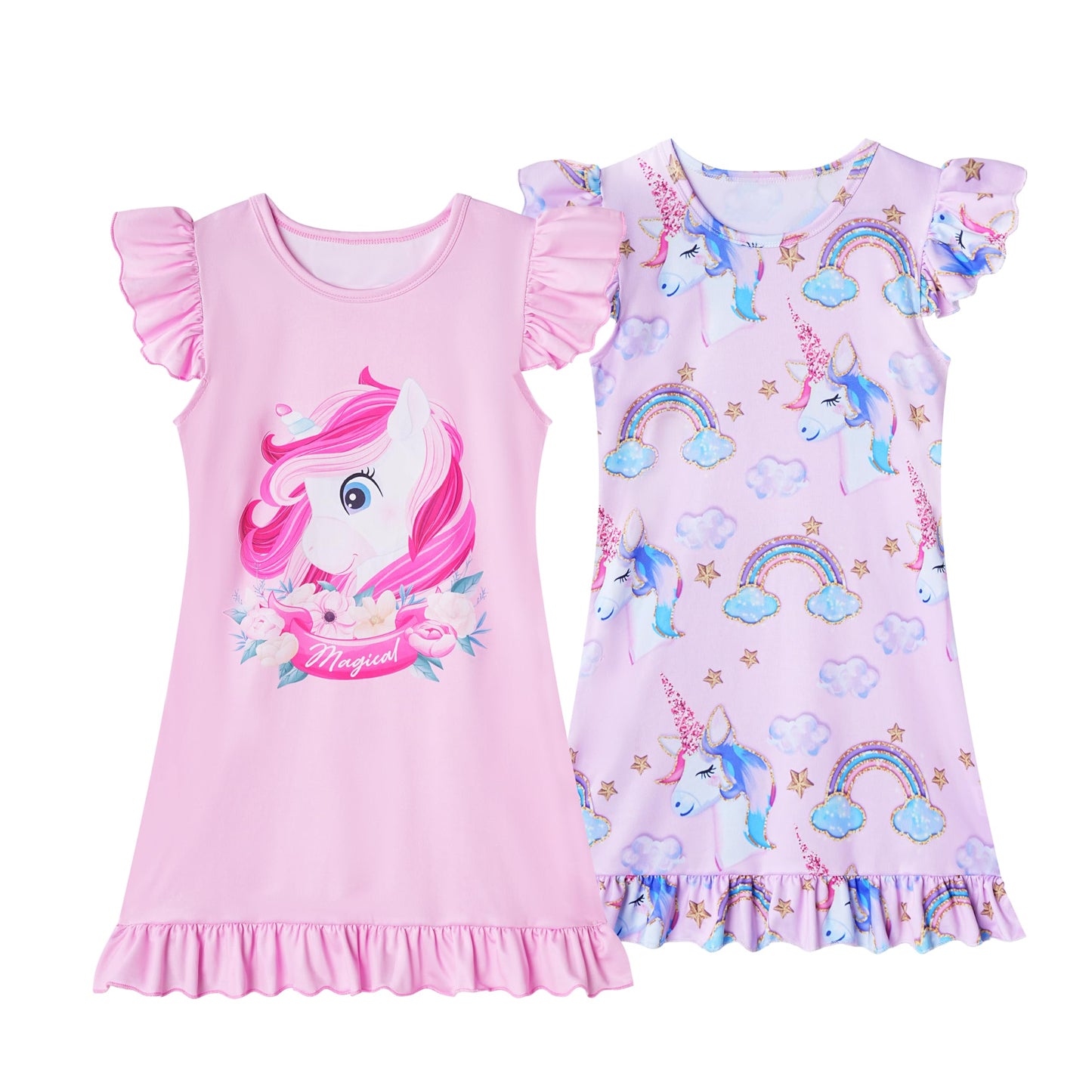 LQSZ 2Pcs Girls Nightgowns 3-10 Years Flutter Short Sleeves Nightdress Nightie Dress Sleepwear Pajamas for Little Girls