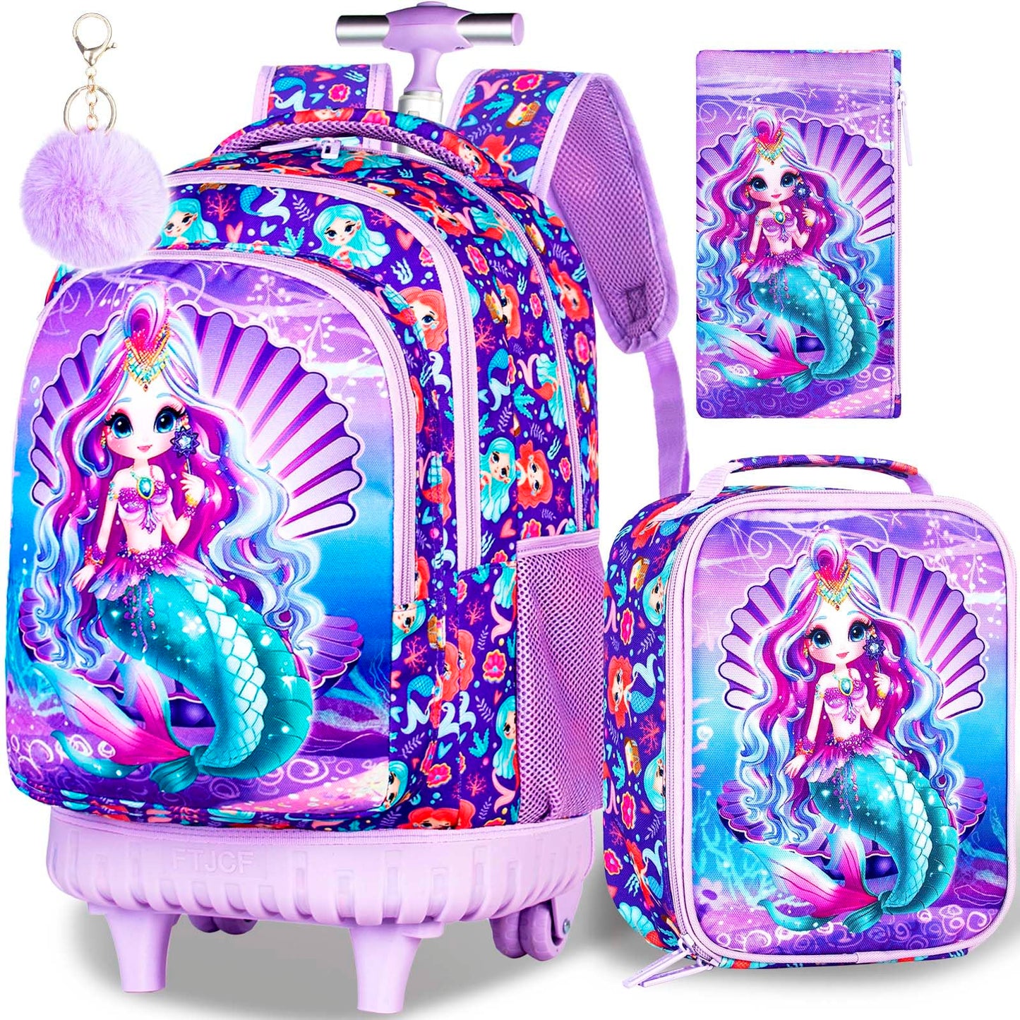 gxtvo 3PCS Unicorn Rolling Backpack for Girls,Cute Kids School Bag with Wheels,Water Resistant Roller Bookbag Set for Elementary Preschool - Pink