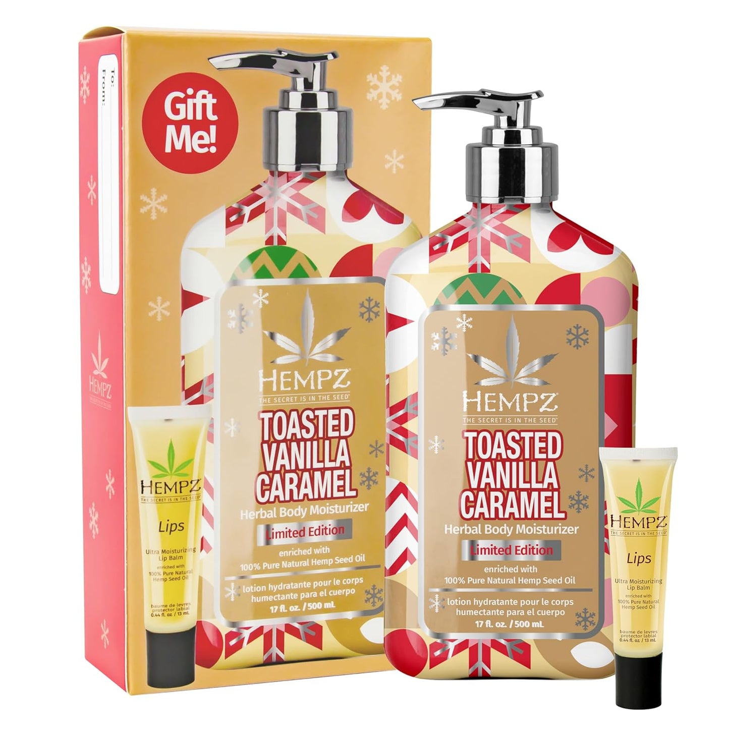 Hempz Toasted Vanilla Caramel Gift Set, Body Lotion and Lip Balm, for Men & Women