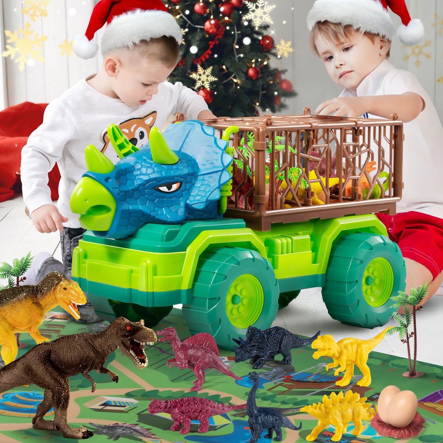 TEMI Dinosaur Truck Toys for Kids 3-5 Years, Tyrannosaurus Transport Car Carrier Truck with 8 Dino Figures, Activity Play Mat, Dinosaur Eggs, Trees, Capture Jurassic Play Set for Boys and Girls