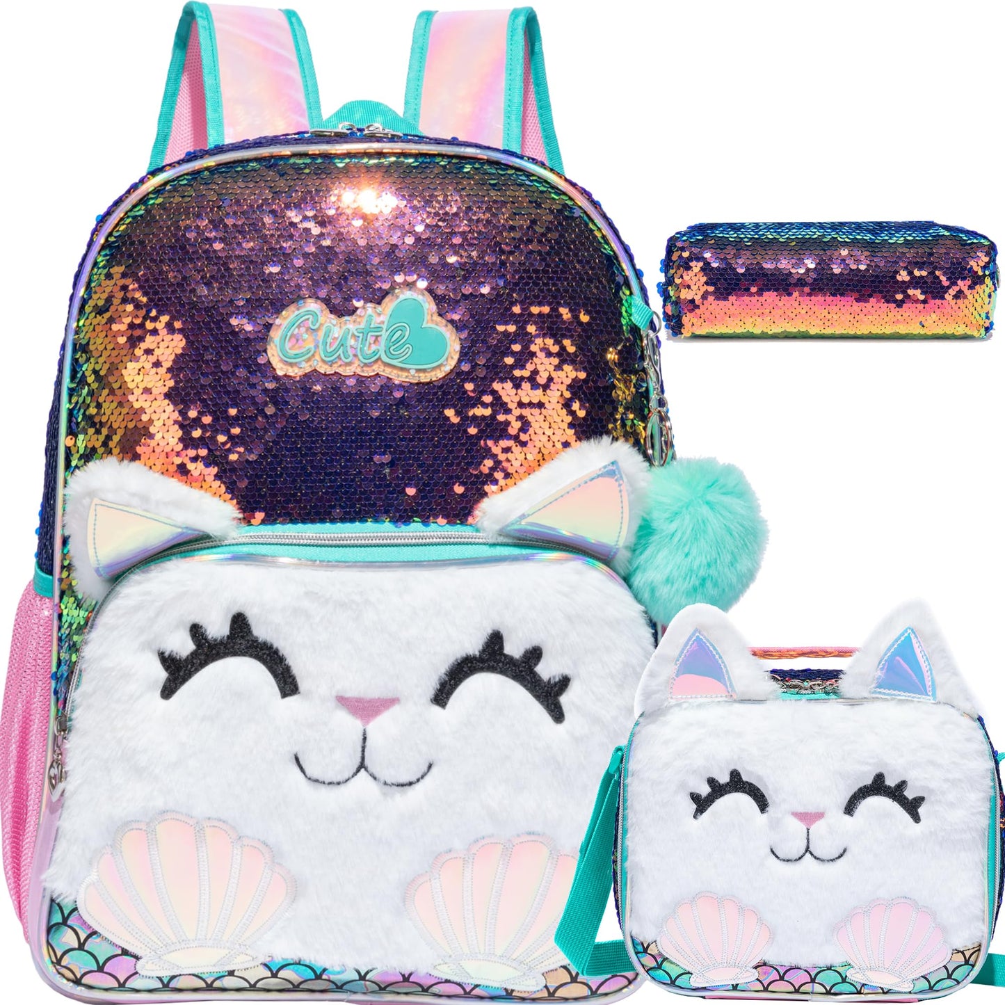 Meetbelify Backpacks for Girls,Kids School Backpacks with Lunch Box for Elementary Preschool Students Cute Panda Sequin Travel Backpack 3 in 1 Bookbag Set for Girls