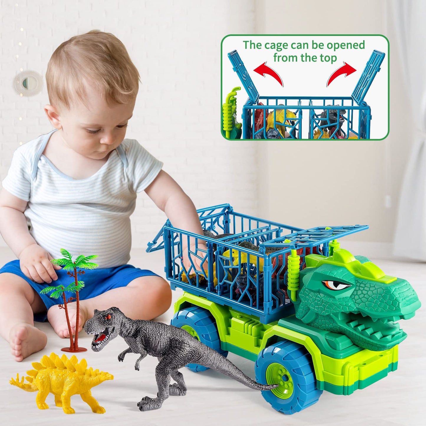 TEMI Dinosaur Truck Toys for Kids 3-5 Years, Tyrannosaurus Transport Car Carrier Truck with 8 Dino Figures, Activity Play Mat, Dinosaur Eggs, Trees, Capture Jurassic Play Set for Boys and Girls