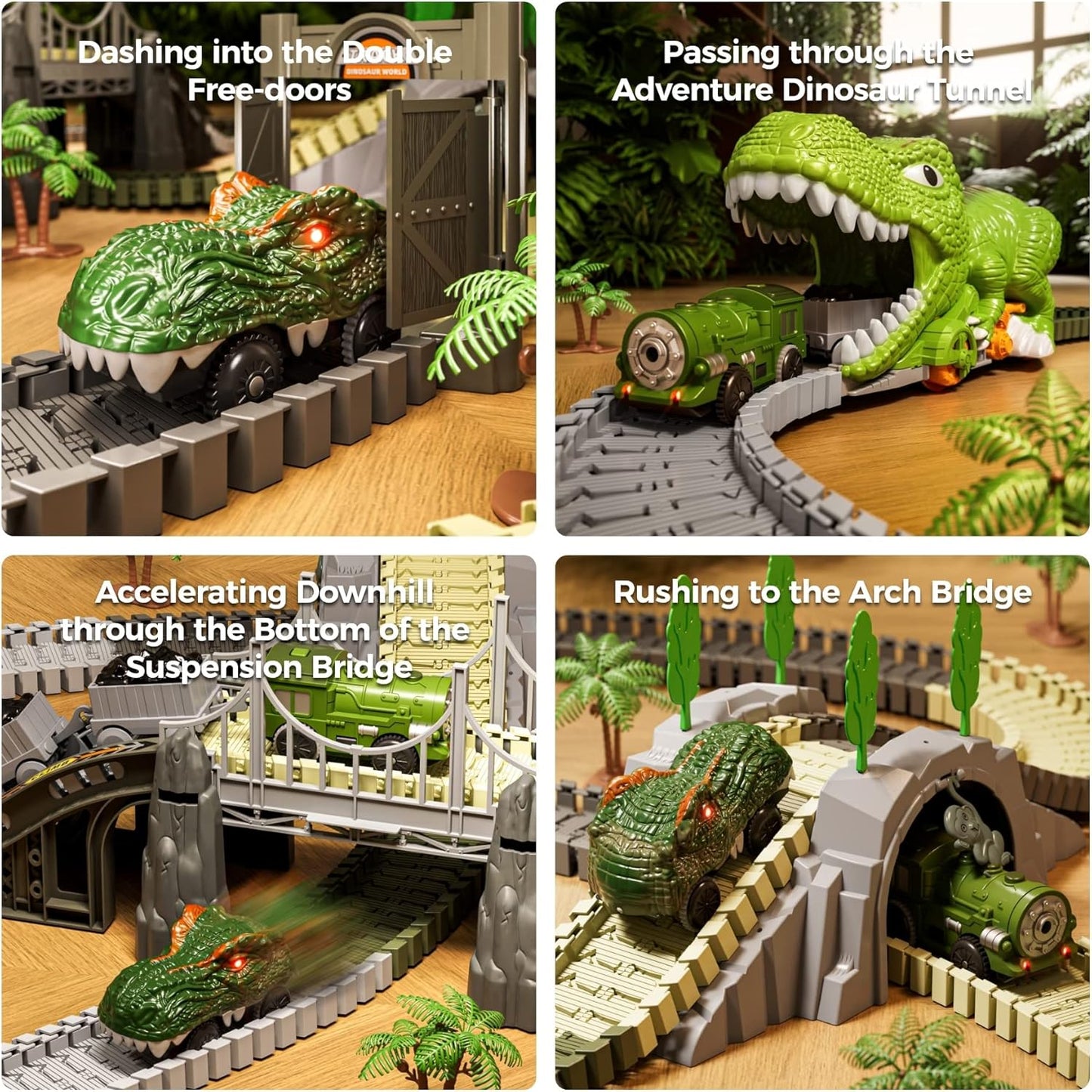 TUMAMA Dinosaur Toys Race Track, 281 Pcs Dinosaur Train Set for Kids 3-5 5-7, Flexible Train Tracks with 4 Dinosaurs Figures, 2 Electric Race Cars with Light, Create A Dinosaur Road Race for Toddlers