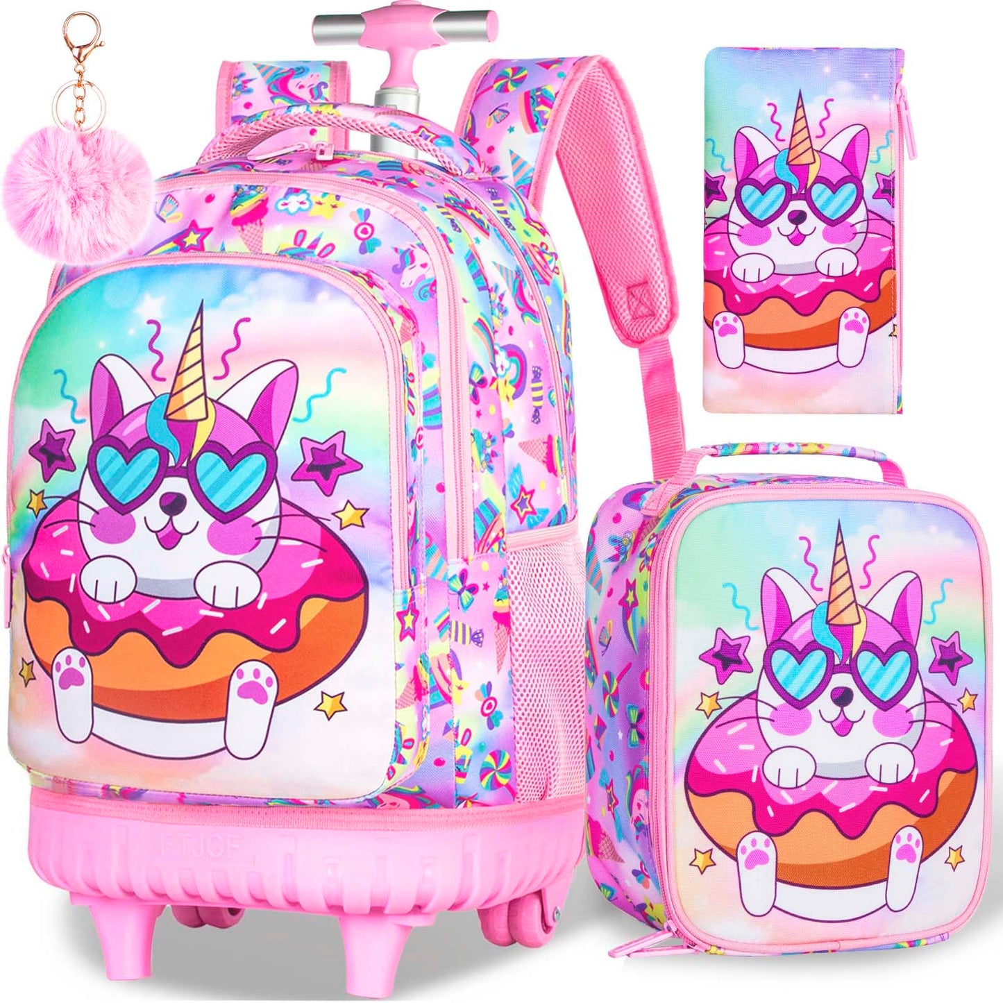 gxtvo 3PCS Unicorn Rolling Backpack for Girls,Cute Kids School Bag with Wheels,Water Resistant Roller Bookbag Set for Elementary Preschool - Pink