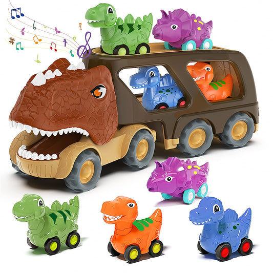 Veslier Dinosaur Car Toy for 2 3 4 5 Years Old Boys, Friction Power Carrier Truck with 4 Pack Small Pull Back Dino Car, Christmas Birthday Gift for 18+ Months Boy Girl Kids Toddlers