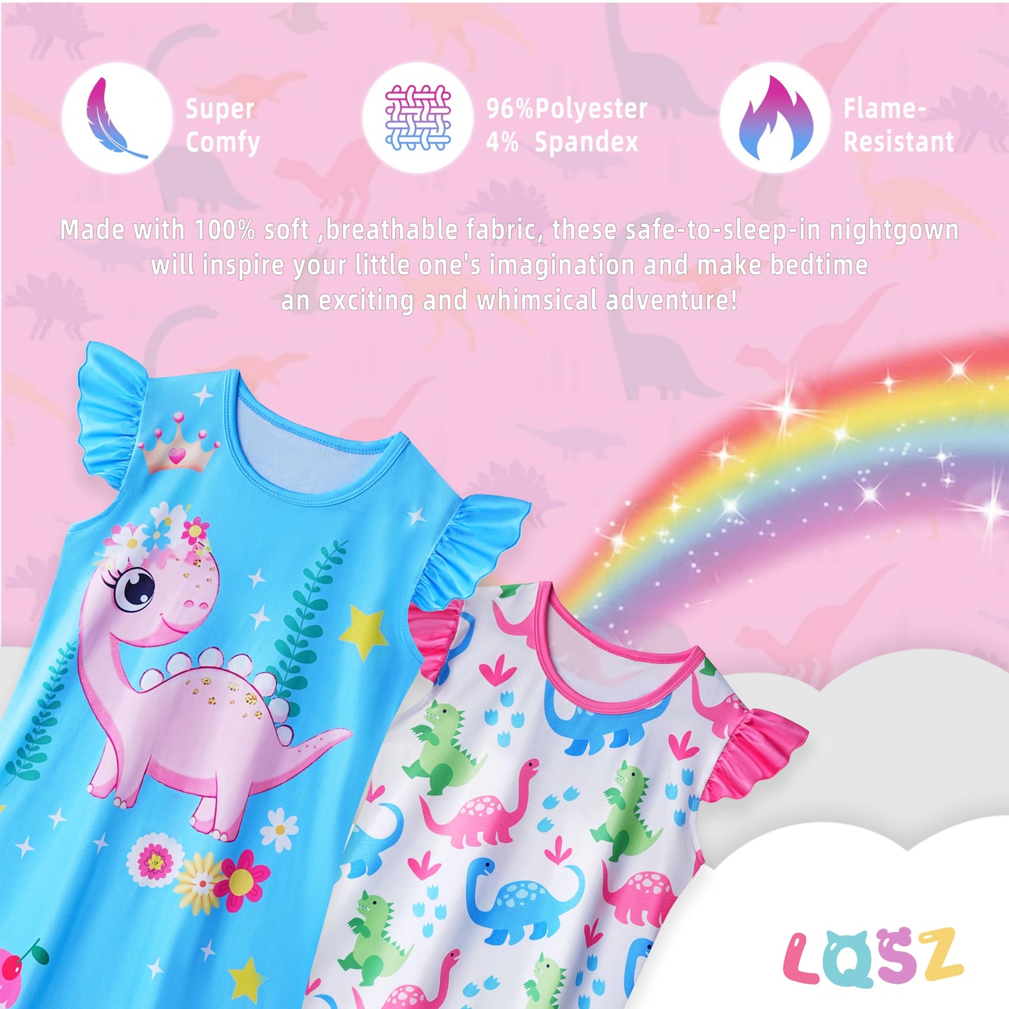 LQSZ 2Pcs Girls Nightgowns 3-10 Years Flutter Short Sleeves Nightdress Nightie Dress Sleepwear Pajamas for Little Girls