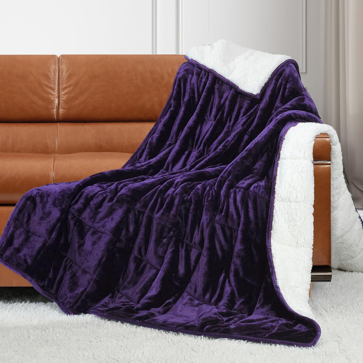 Alomidds Weighted Blanket for Adult Queen Size 20lbs 60 x 80 inches,Weighted Blankets with Soft Plush Fleece,Fluffy Thick Warm Sherpa & Cozy Flannel Heavy Blanket for Sofa Bed,Purple