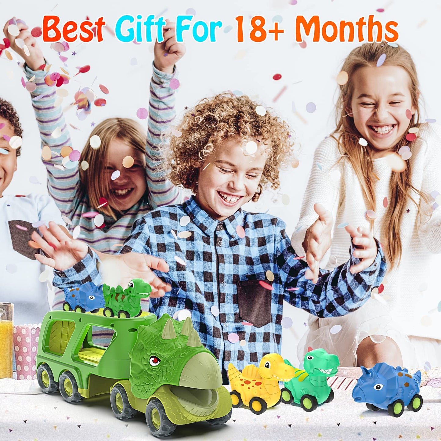 Veslier Dinosaur Car Toy for 2 3 4 5 Years Old Boys, Friction Power Carrier Truck with 4 Pack Small Pull Back Dino Car, Christmas Birthday Gift for 18+ Months Boy Girl Kids Toddlers