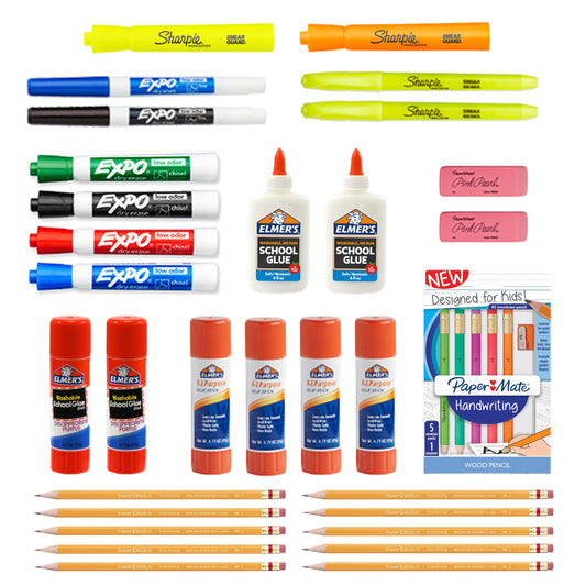 SHARPIE School Supplies Variety Pack, My First All in One Pack, Expo, Paper Mate, Elmer’s, Glue Sticks, Pourable Glues, Pencils, Dry Erase Markers, Highlighters, and More, 31 Count