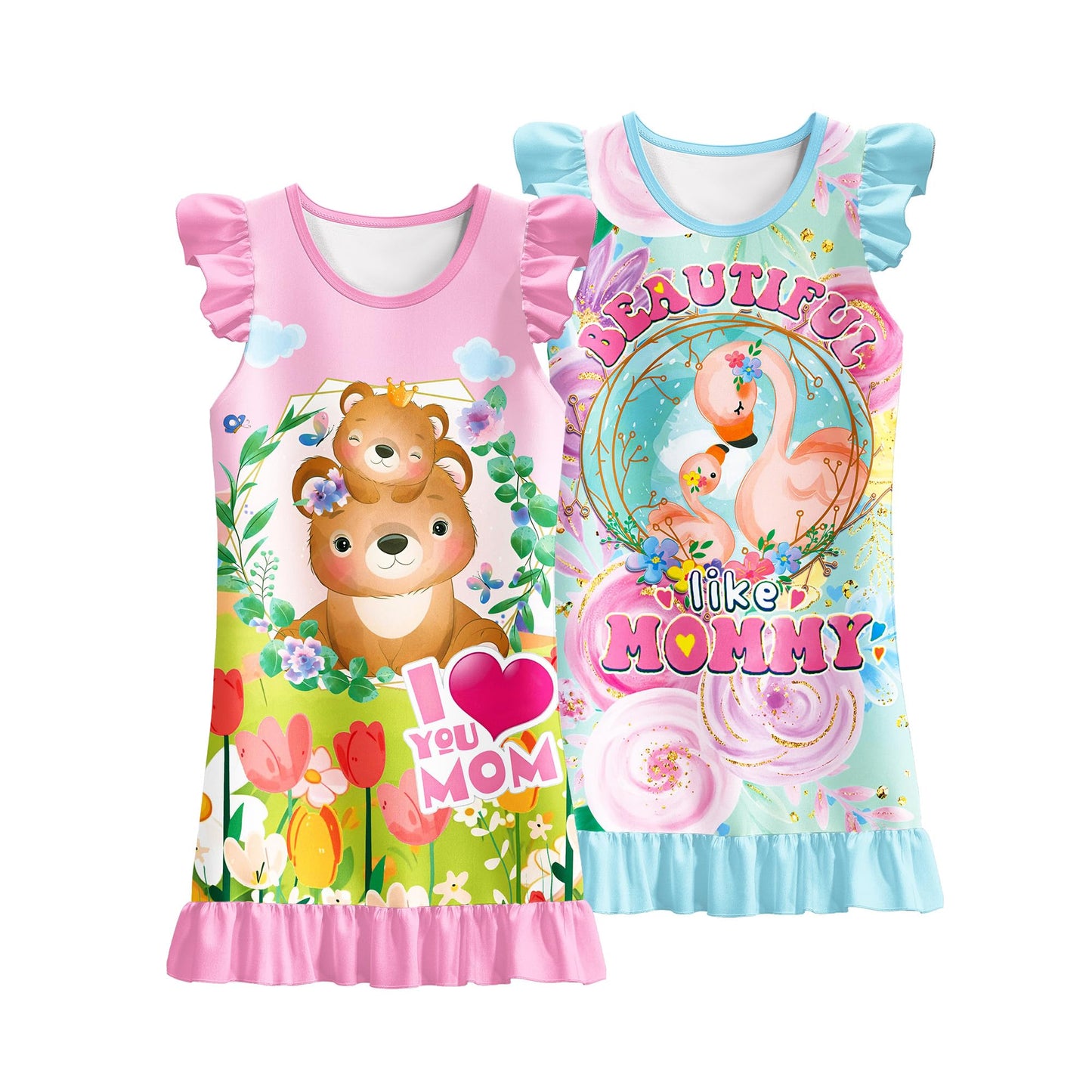 LQSZ 2Pcs Girls Nightgowns 3-10 Years Flutter Short Sleeves Nightdress Nightie Dress Sleepwear Pajamas for Little Girls