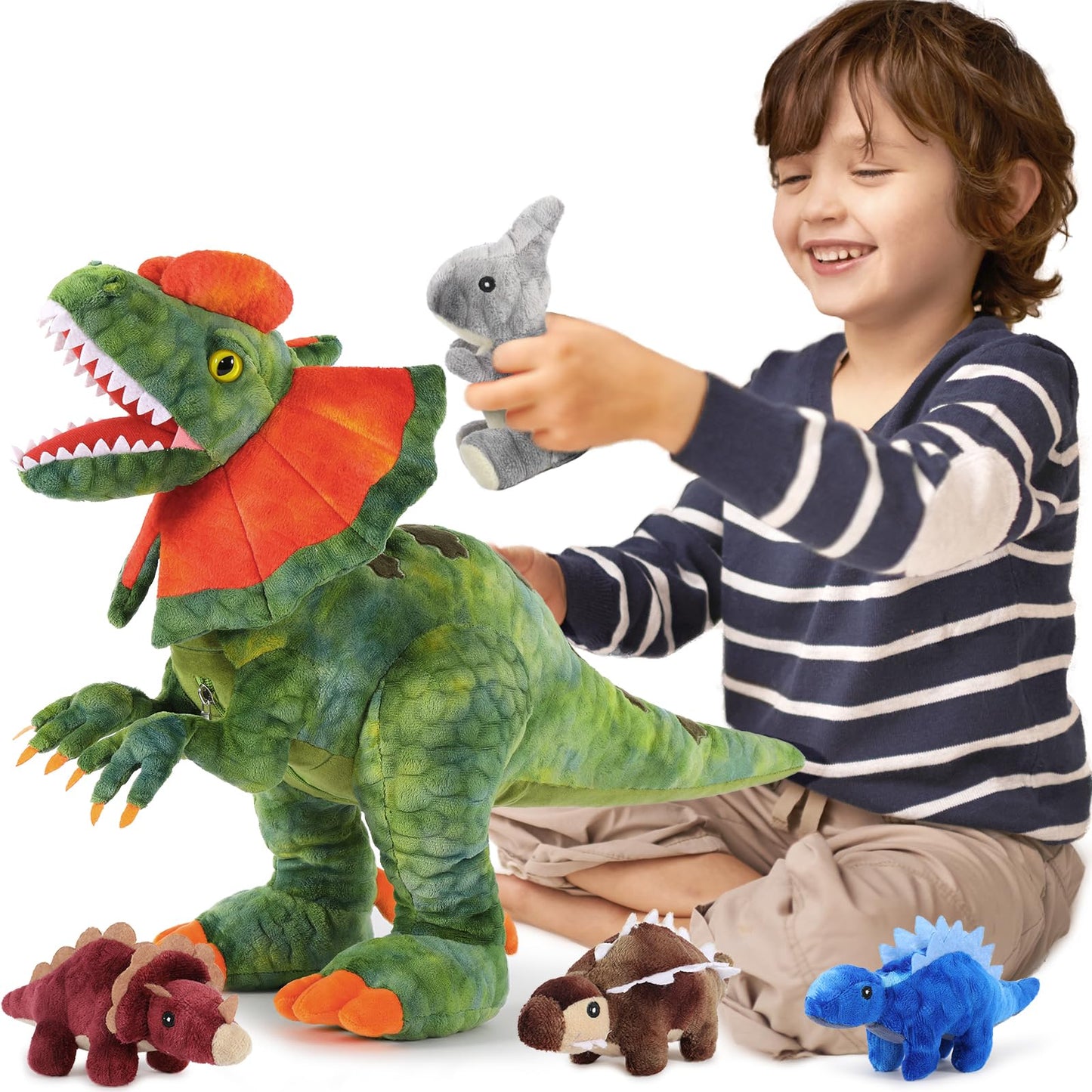 MaoGoLan 4 Pcs Dinosaur Stuffed Animals for Girls,Purple Stuffed Dinosaurs Plush Toys Set for Toddlers, Mummy Dinosaur with 3 Baby Triceratops Plushies, for Kids