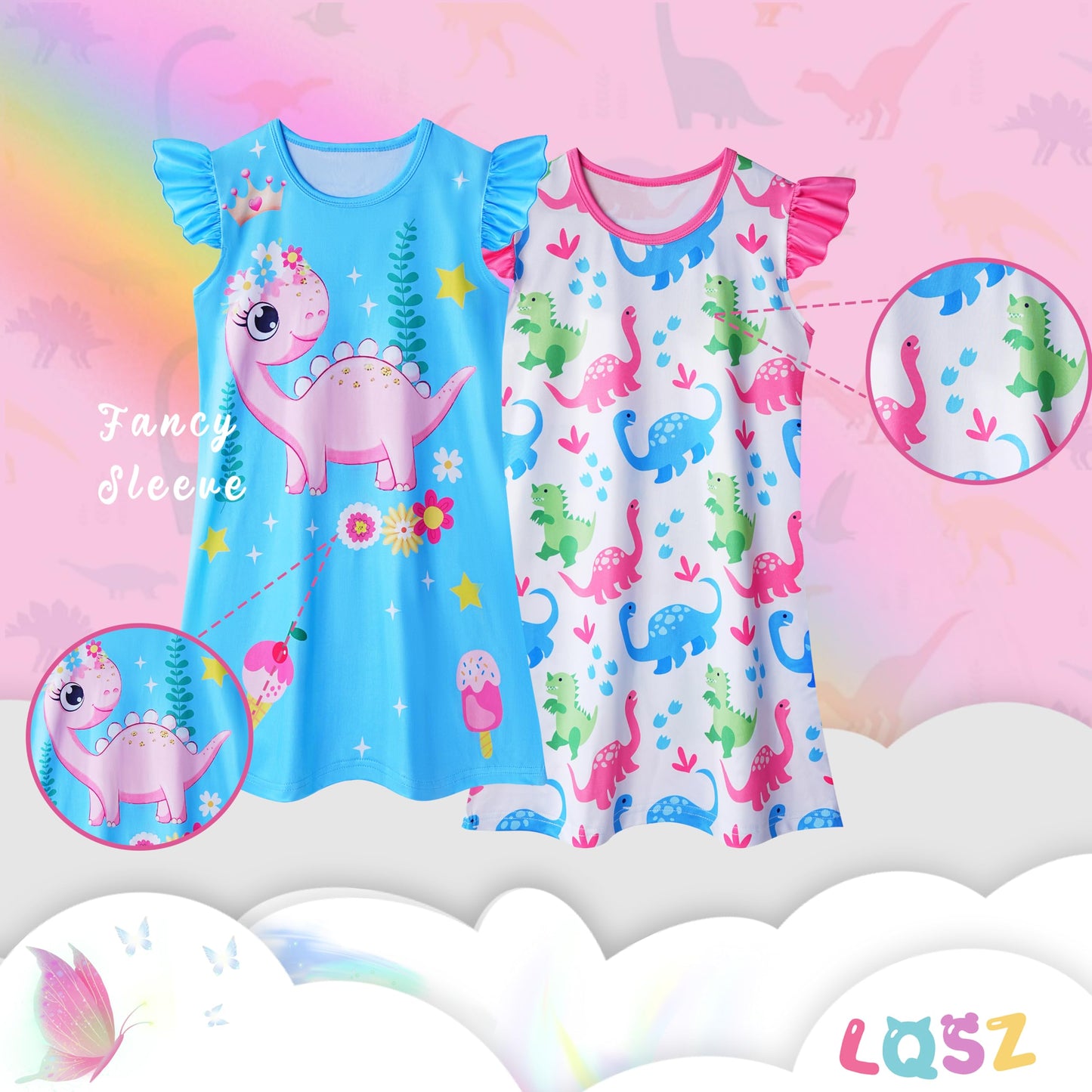 LQSZ 2Pcs Girls Nightgowns 3-10 Years Flutter Short Sleeves Nightdress Nightie Dress Sleepwear Pajamas for Little Girls