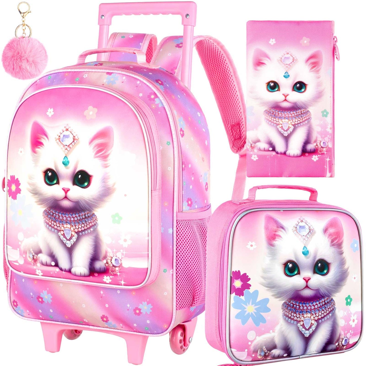 3PCS Rolling Backpack for Girls Boys, Kids Roller Wheeled Bookbag with Lunch Box, Backpacks with Wheels for Elementary