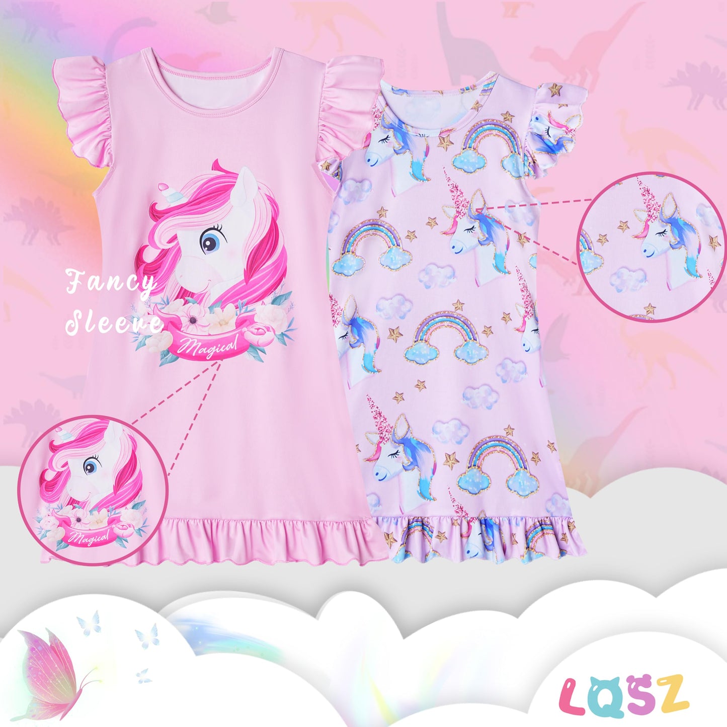 LQSZ 2Pcs Girls Nightgowns 3-10 Years Flutter Short Sleeves Nightdress Nightie Dress Sleepwear Pajamas for Little Girls