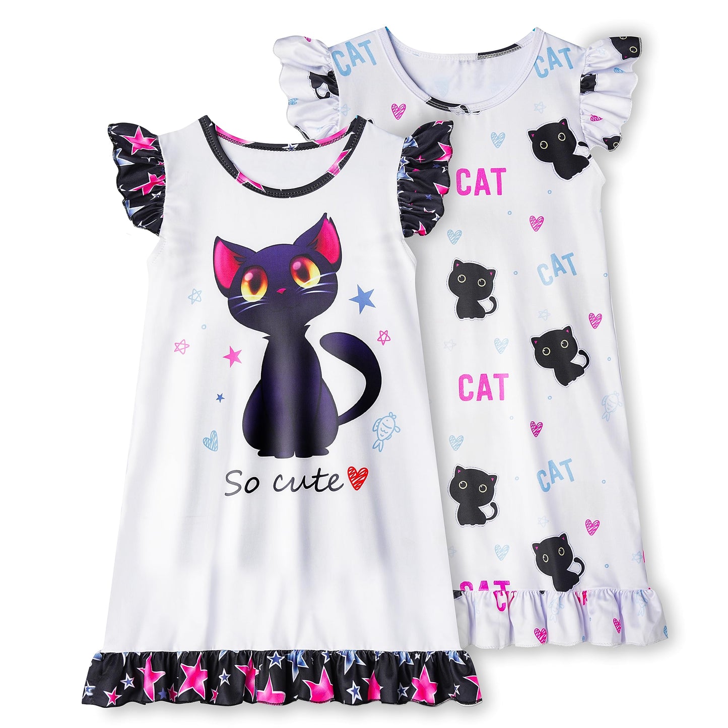 LQSZ 2Pcs Girls Nightgowns 3-10 Years Flutter Short Sleeves Nightdress Nightie Dress Sleepwear Pajamas for Little Girls