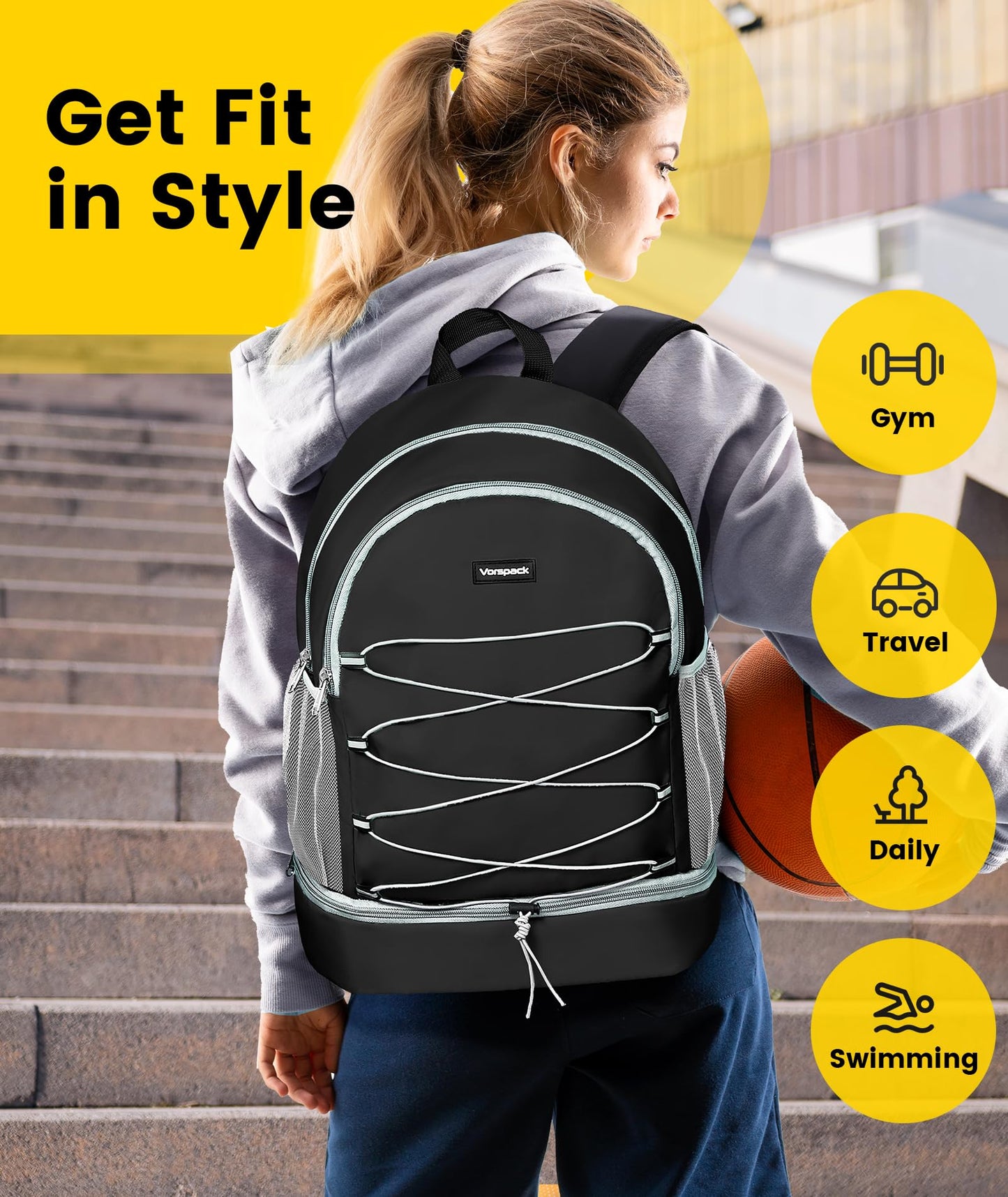 Vorspack Gym Backpack for Women - Small Gym Bag with Shoe Compartment Lightweight Sports Backpack Travel Backapck for Work College Hike - Black